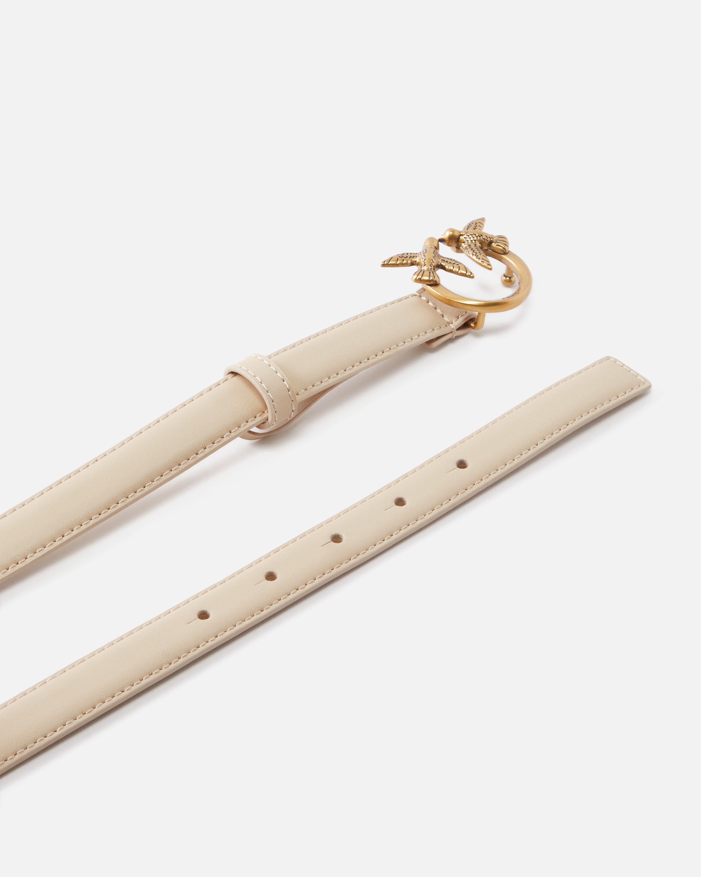 Pinko Love Birds Thin Leather Belt 2cm In Beige-smoke Grey-antique Gold