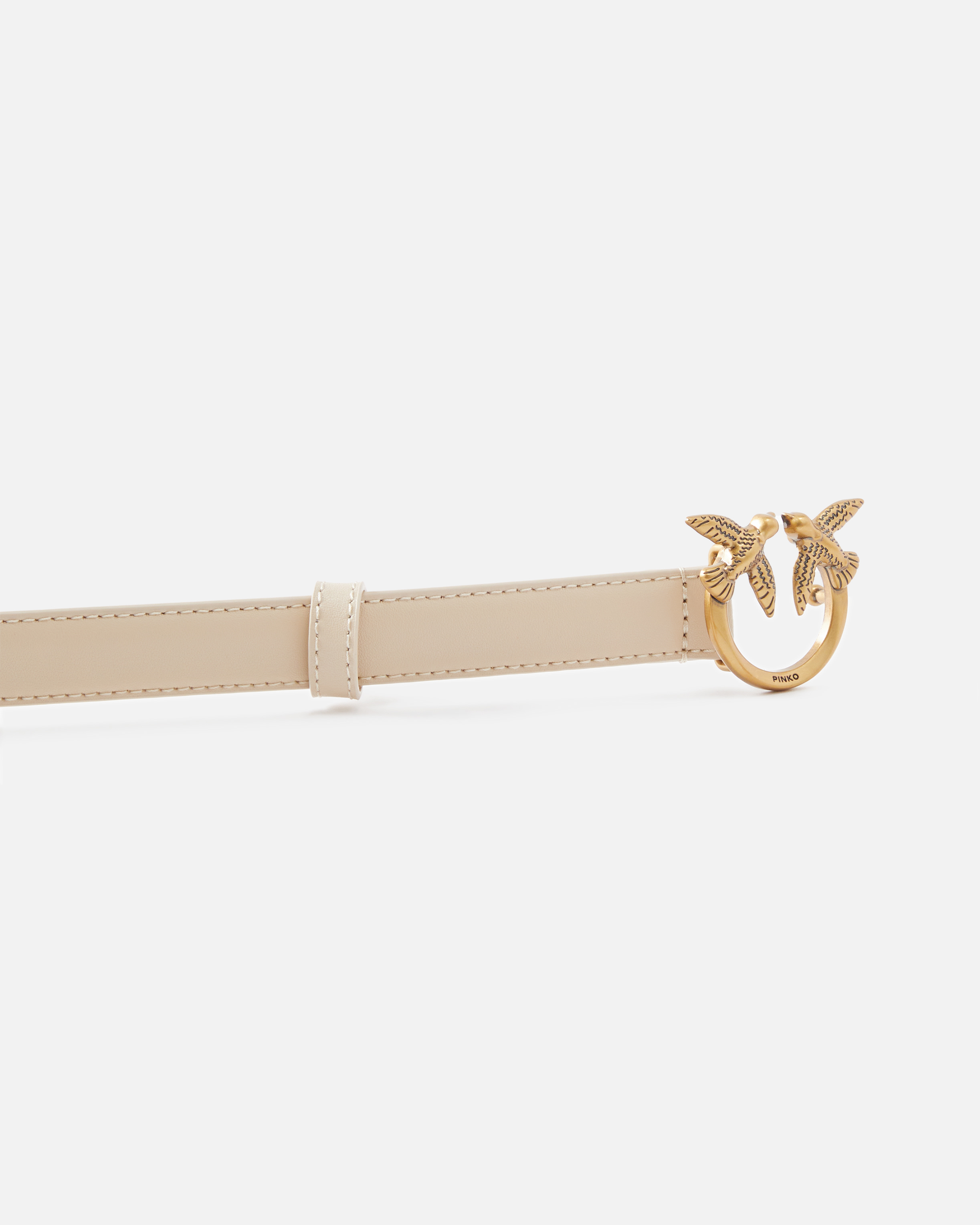 Pinko Love Birds Thin Leather Belt 2cm In Beige-smoke Grey-antique Gold