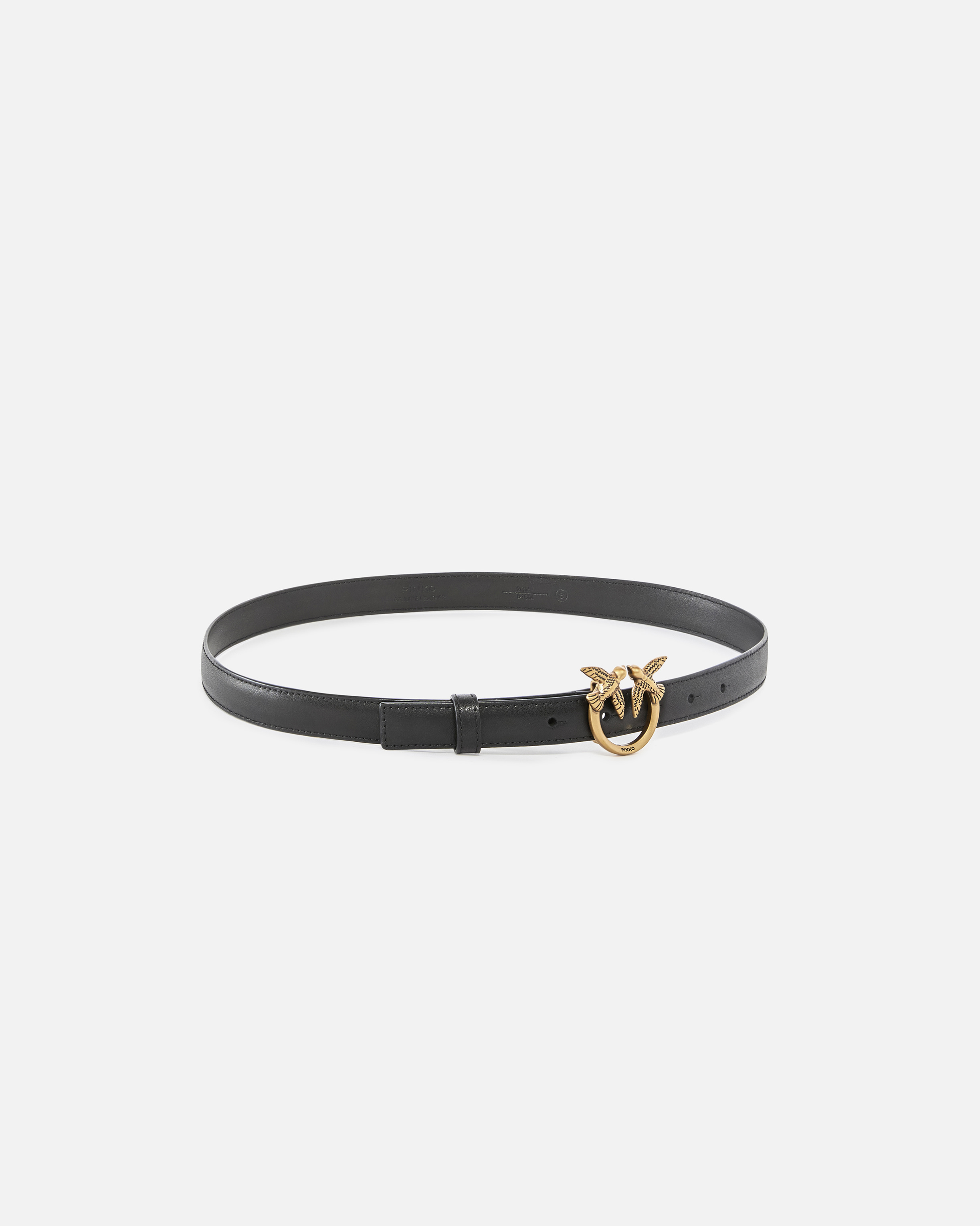 Pinko Black Belt With Love Birds Diamond Cut Detail In Hammered Leather Woman In Black-antique Gold