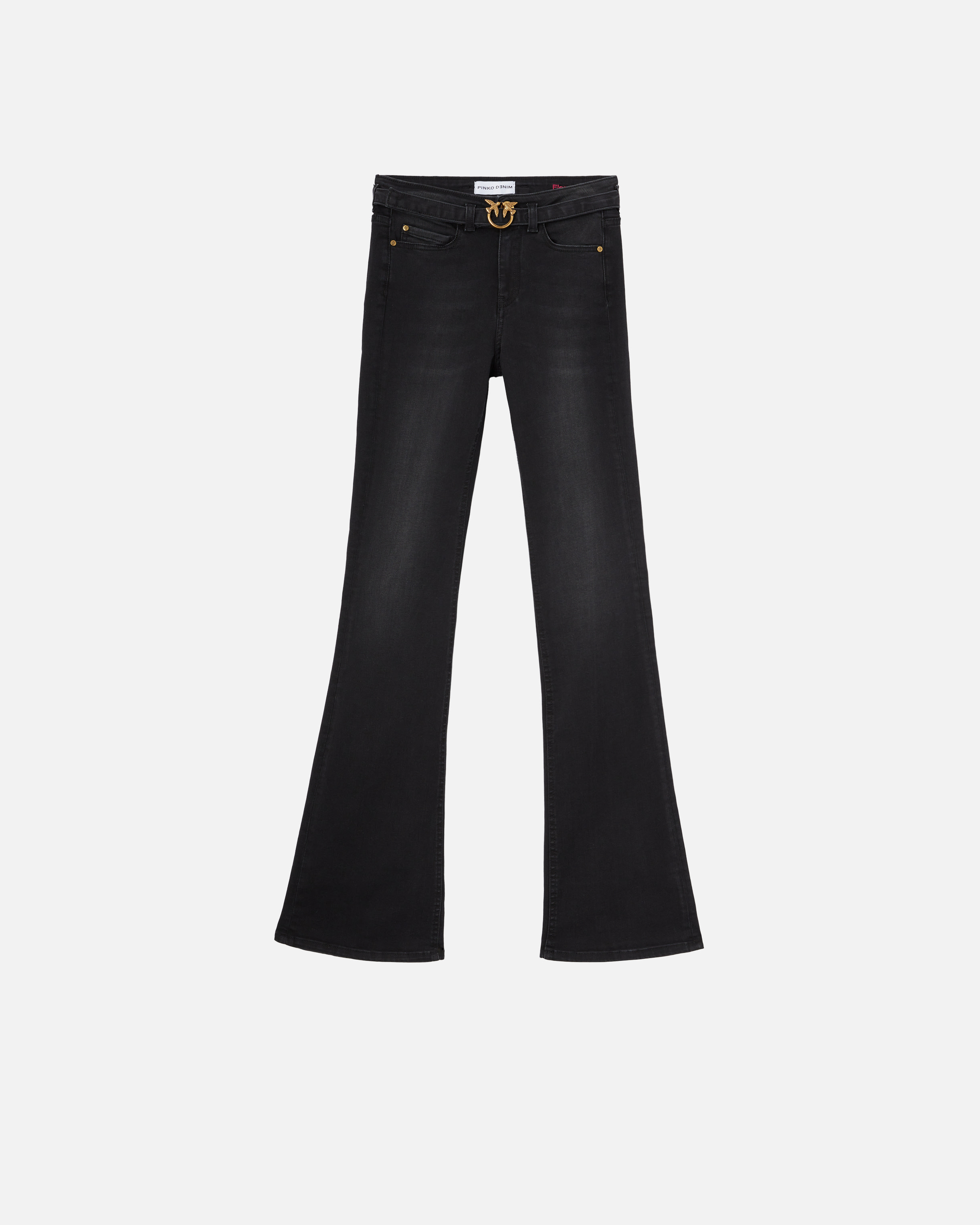 Pinko Flared Black Denim Jeans With Belt In Limo Black