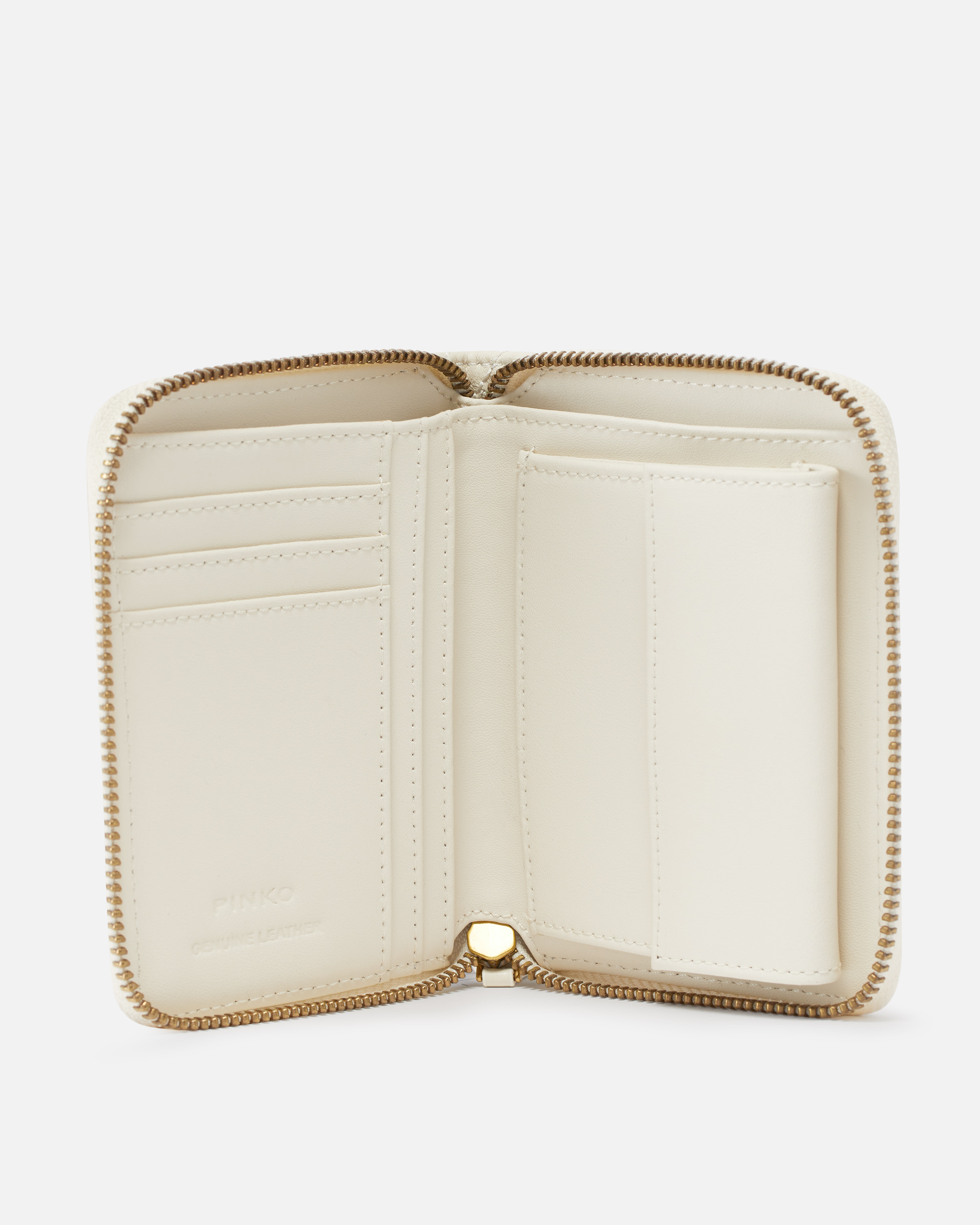 Pinko Square Leather Zip-around Purse In White+white-antique Gold
