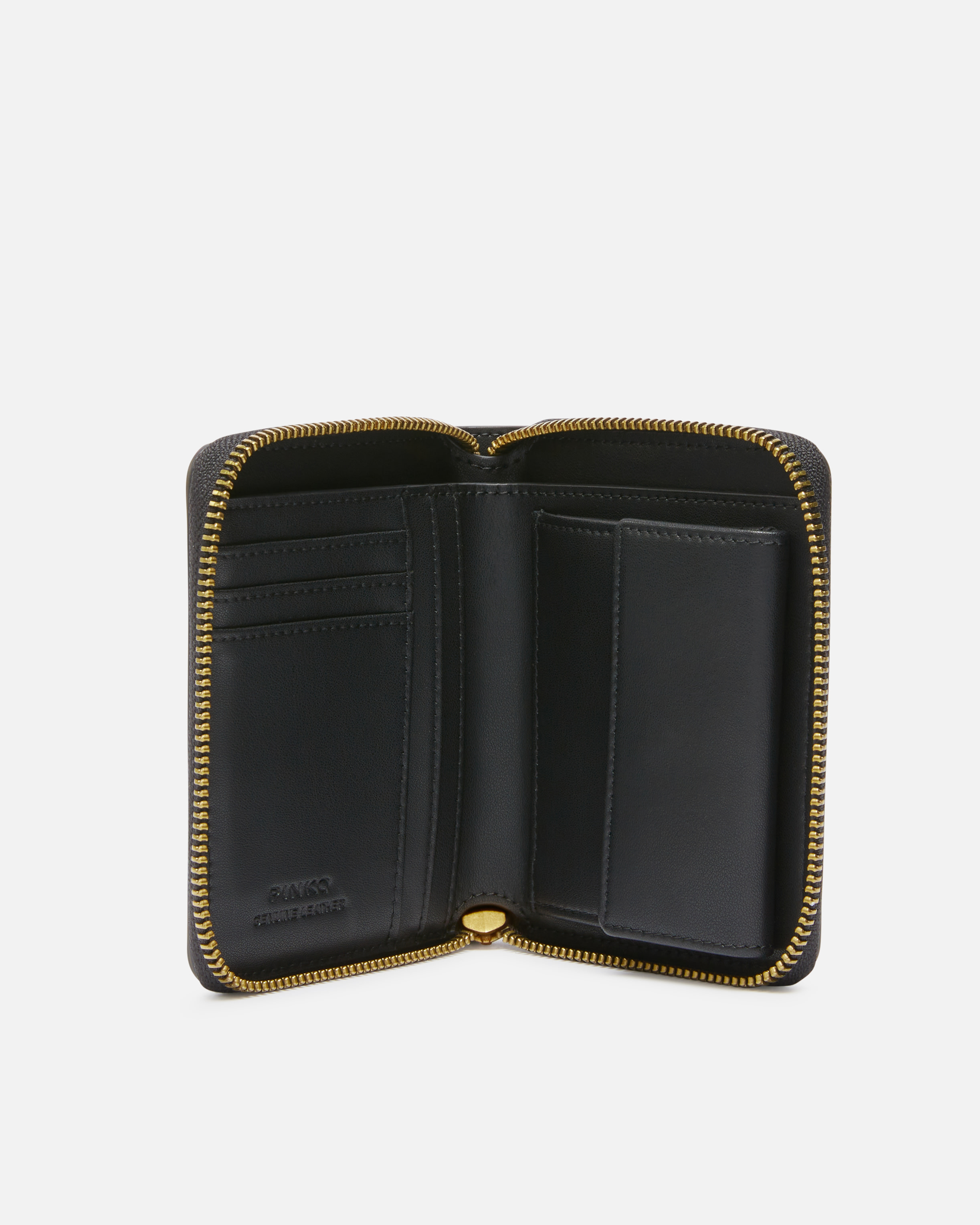 Pinko Square Leather Zip-around Purse In Black-antique Gold