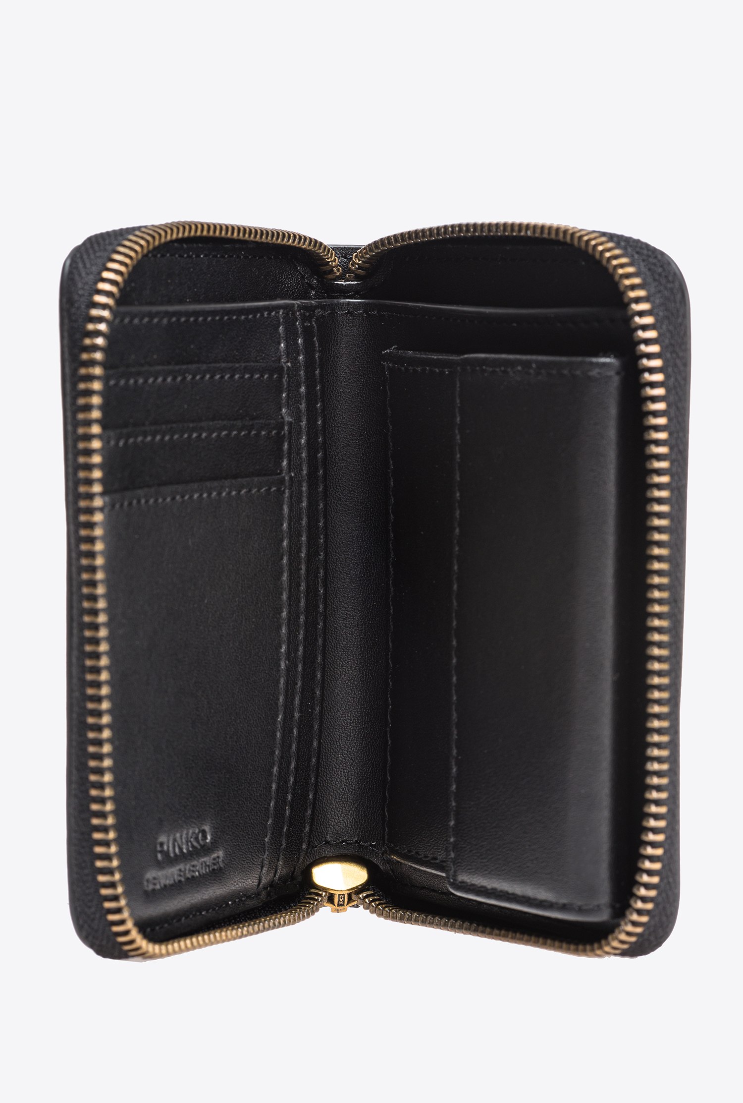 Pinko Square Leather Zip-around Purse In Black-antique Gold