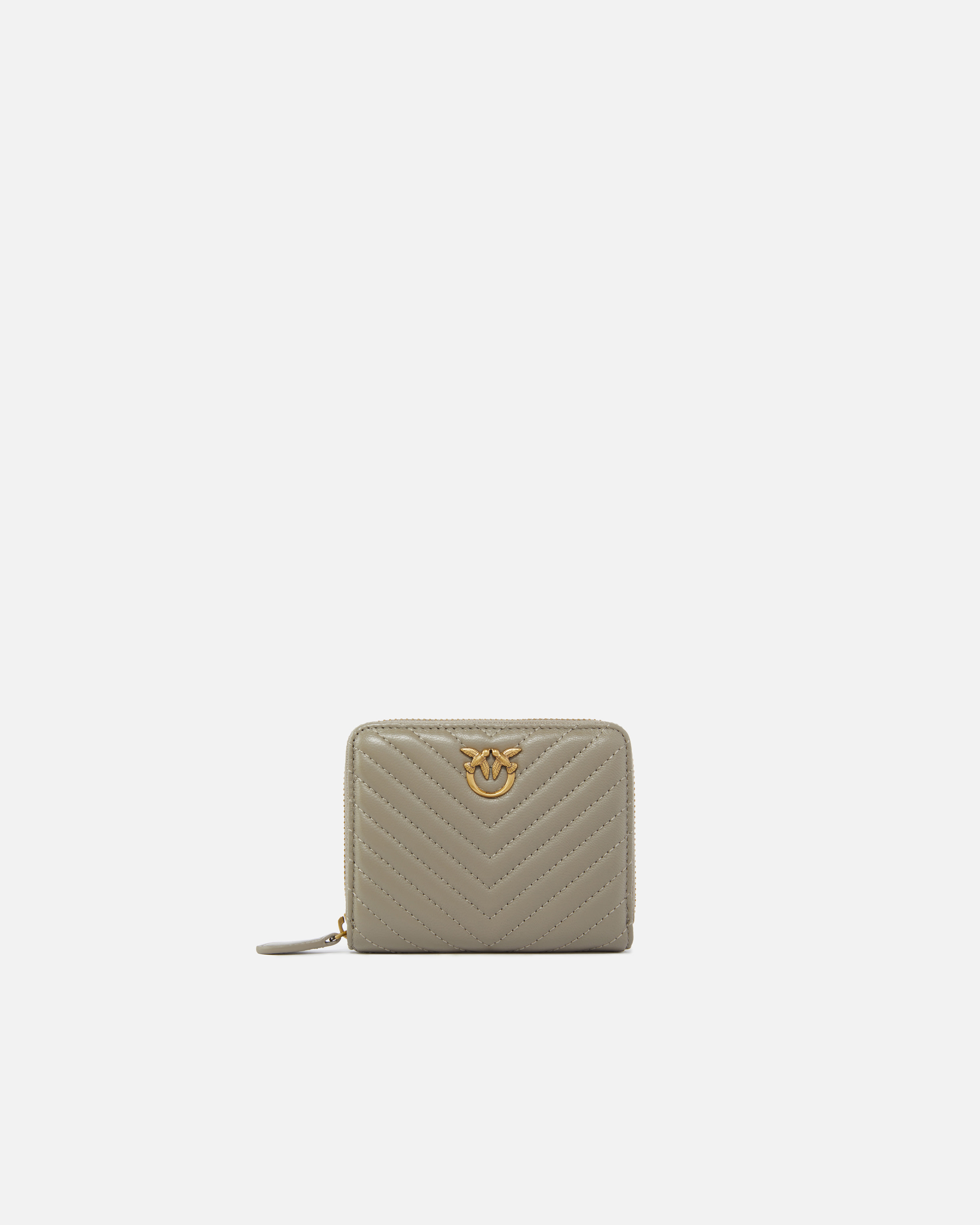 Pinko Square Zip-around Wallet In Chevron-patterned Nappa Leather In Walnut-antique Gold
