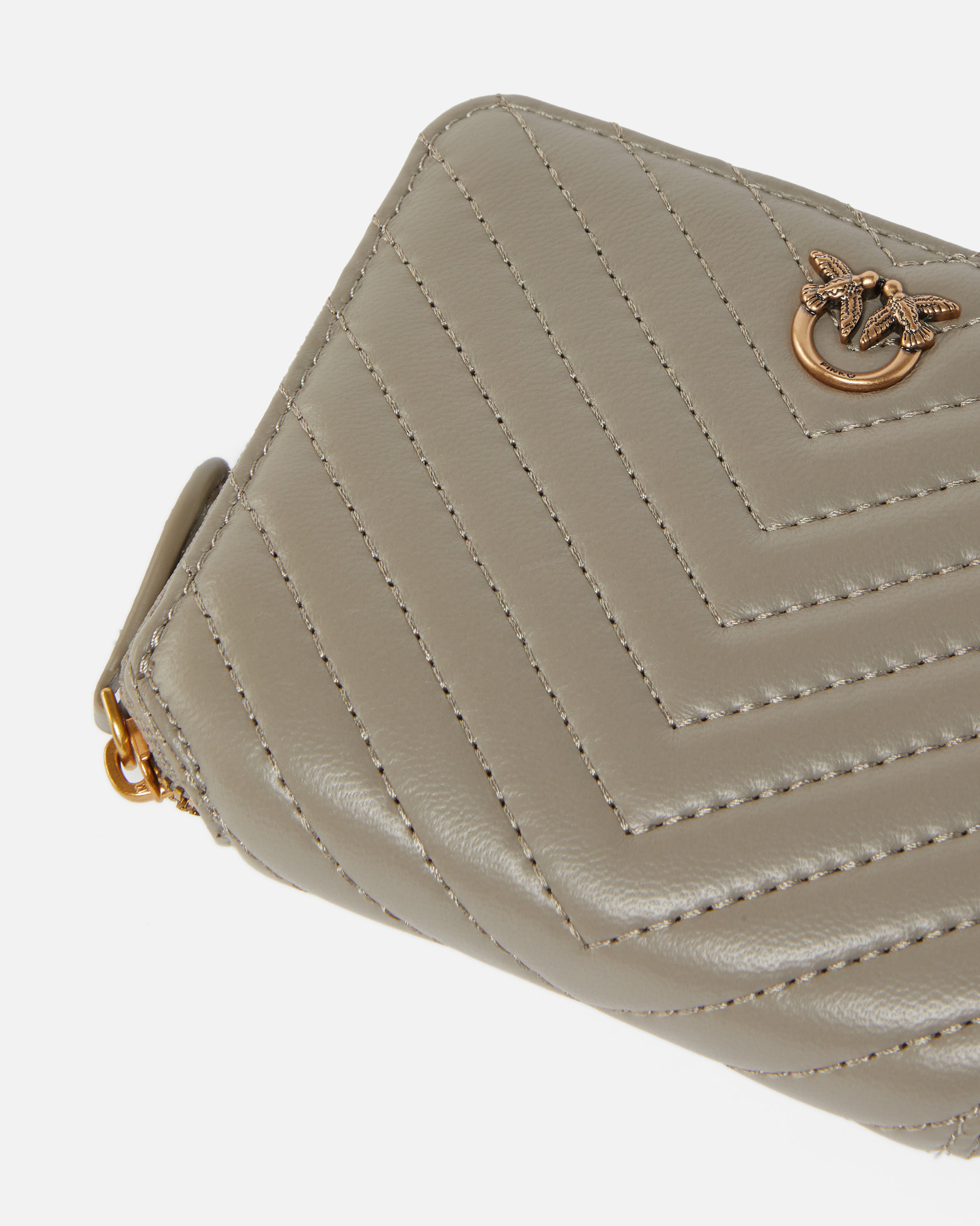 Pinko Square Zip-around Wallet In Chevron-patterned Nappa Leather In Walnut-antique Gold