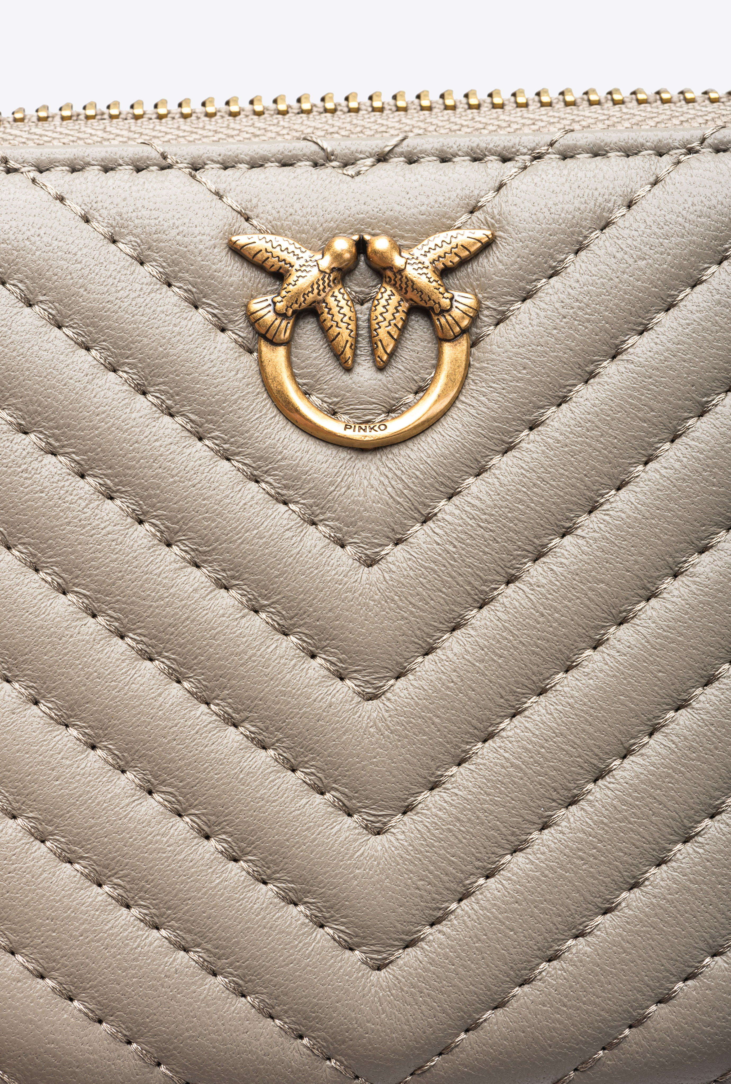 Pinko Square Zip-around Wallet In Chevron-patterned Nappa Leather In Walnut-antique Gold