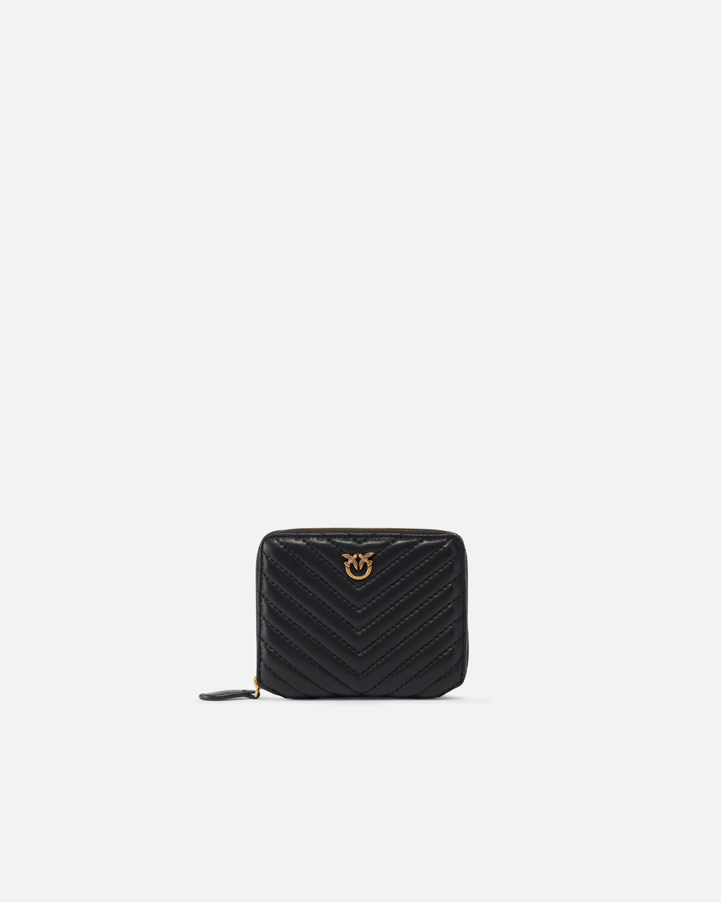 Pinko Square Zip-around Wallet In Chevron-patterned Nappa Leather In Black-antique Gold