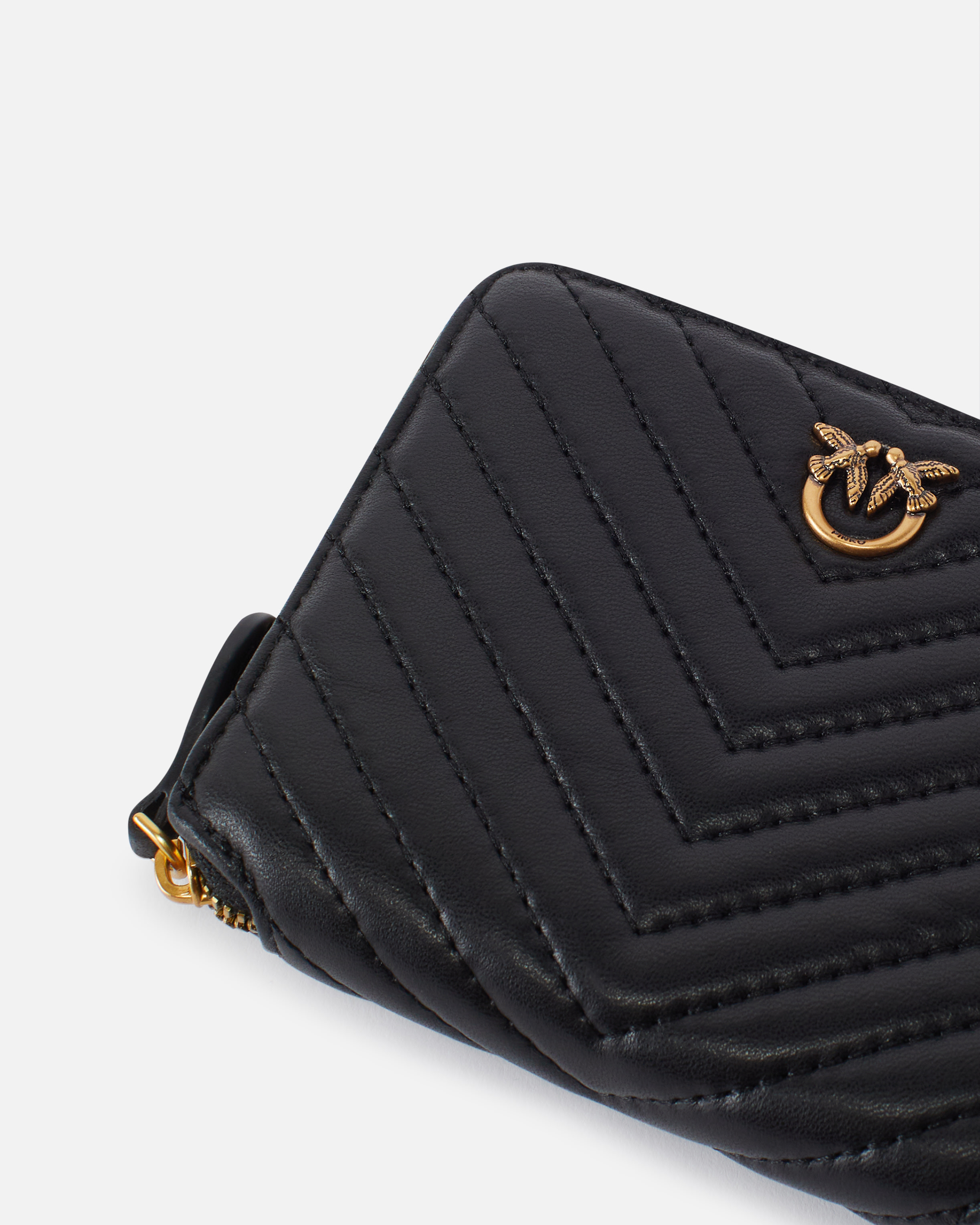 Pinko Square Zip-around Wallet In Chevron-patterned Nappa Leather In Black-antique Gold
