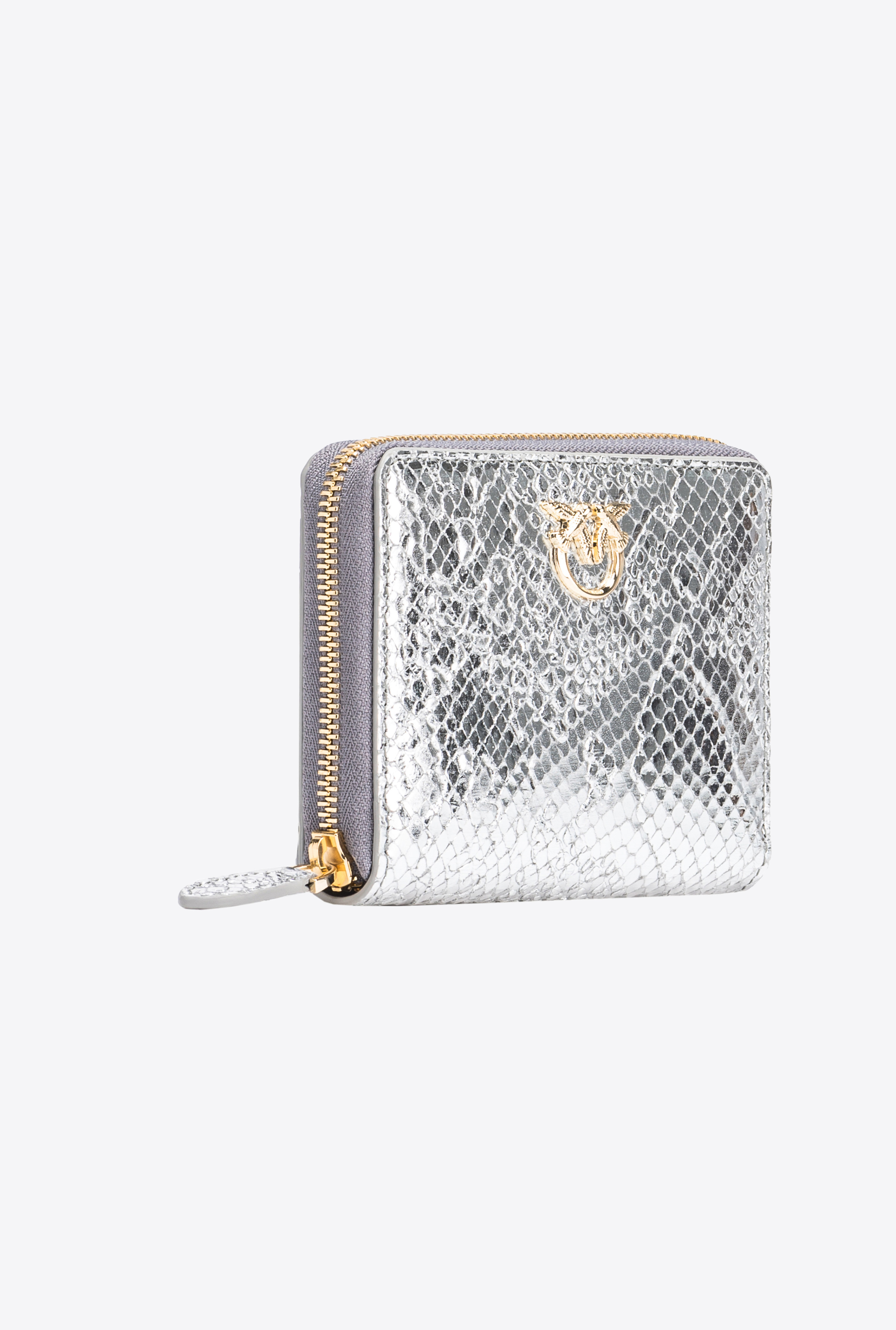 Shop Pinko Galleria Square Zip-around Wallet In Punched Reptile Skin In Argento-light Gold
