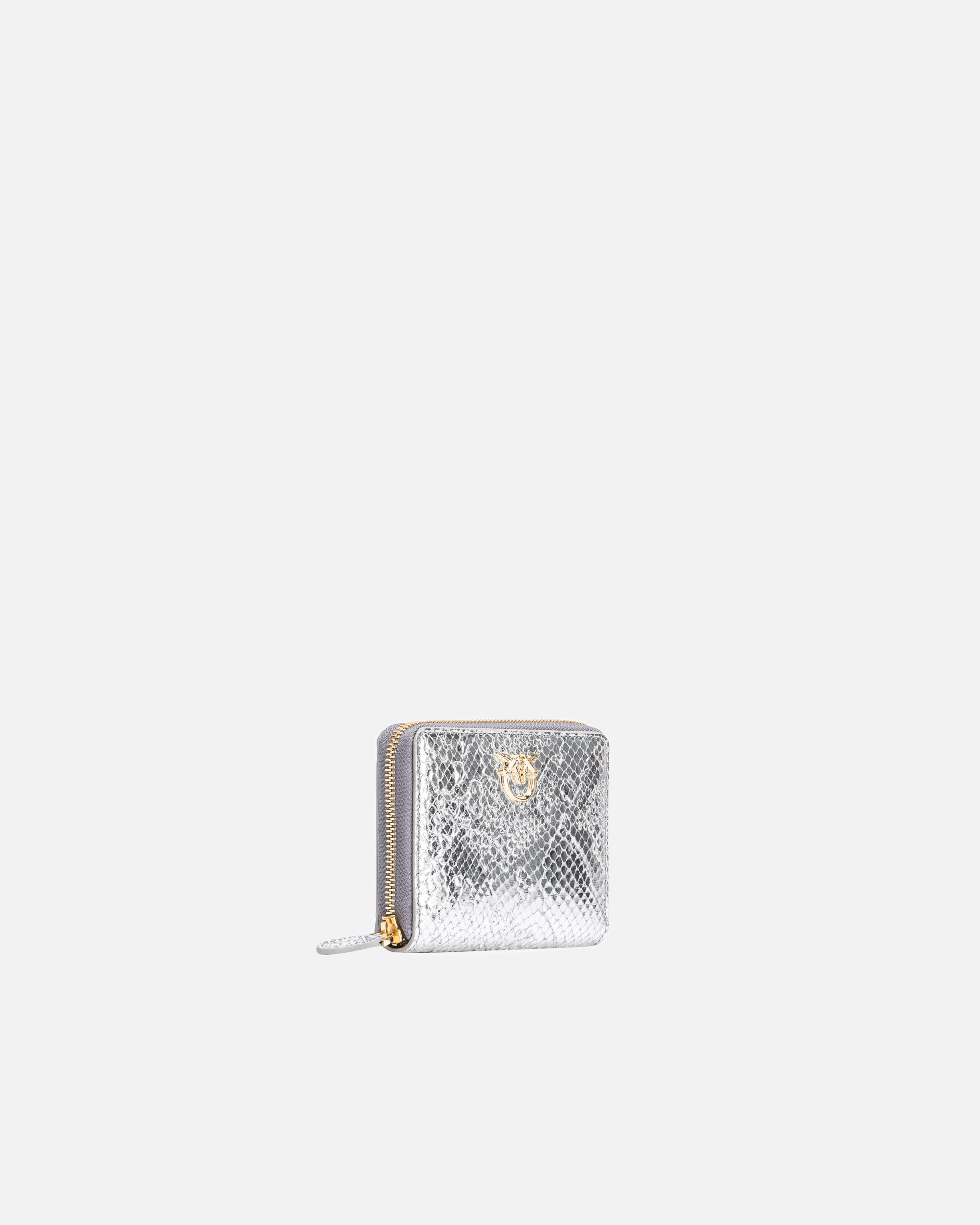 Pinko Galleria Square Zip-around Wallet In Punched Reptile Skin In Argento-light Gold