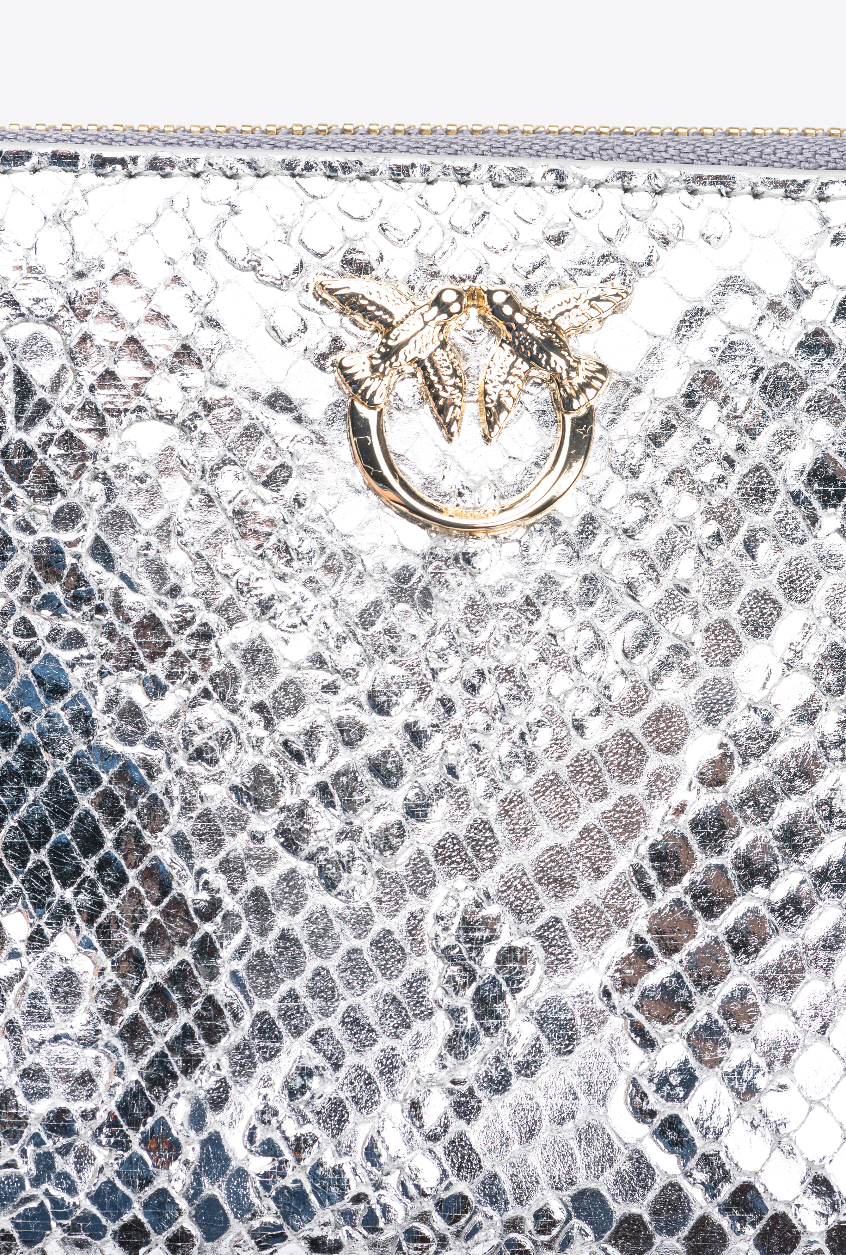 Pinko Galleria Square Zip-around Wallet In Punched Reptile Skin In Argento-light Gold