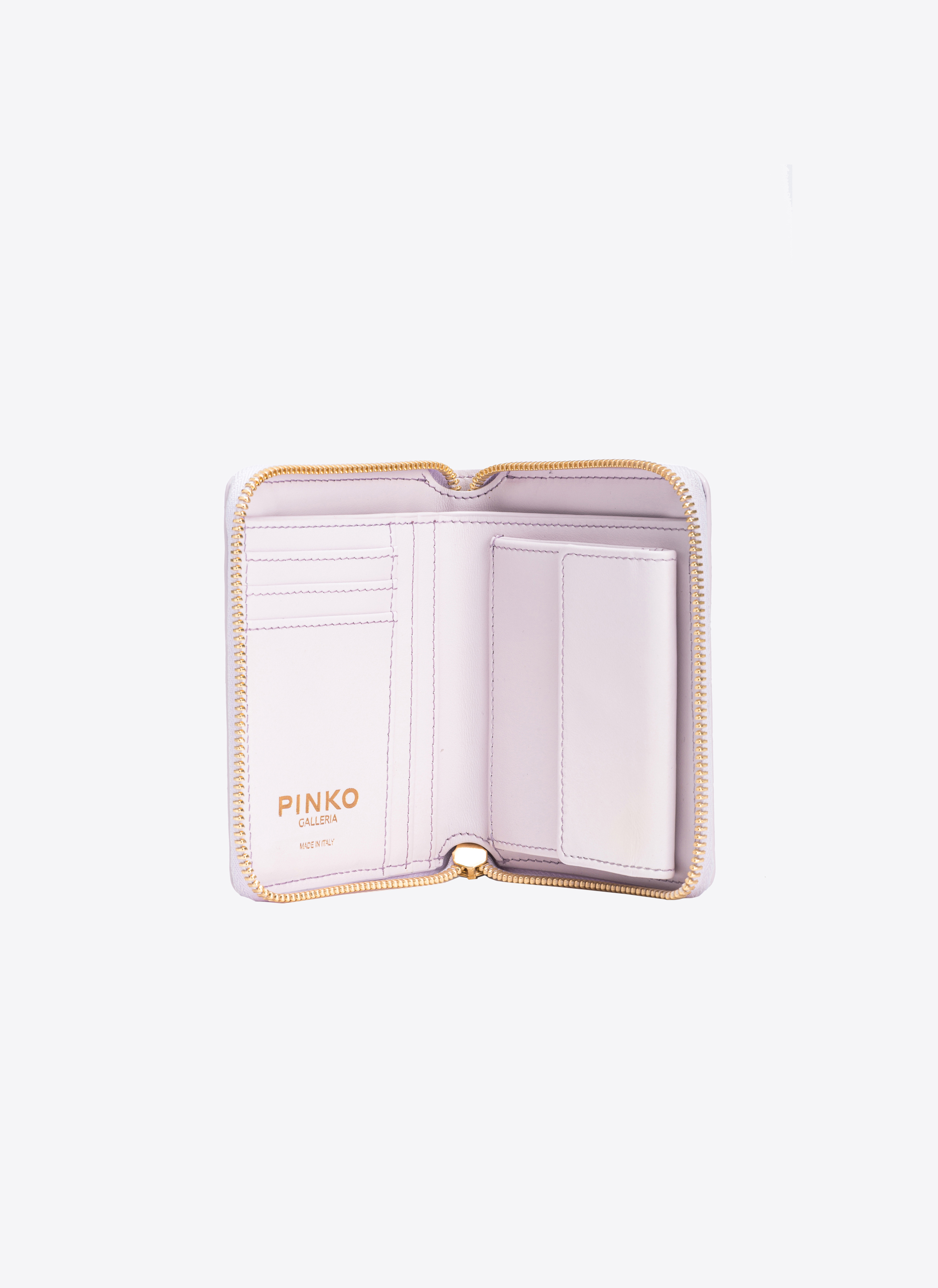 Pinko Square Zip Around Wallet In Shiny Coconut By  Galleria In Lilas-or Clair