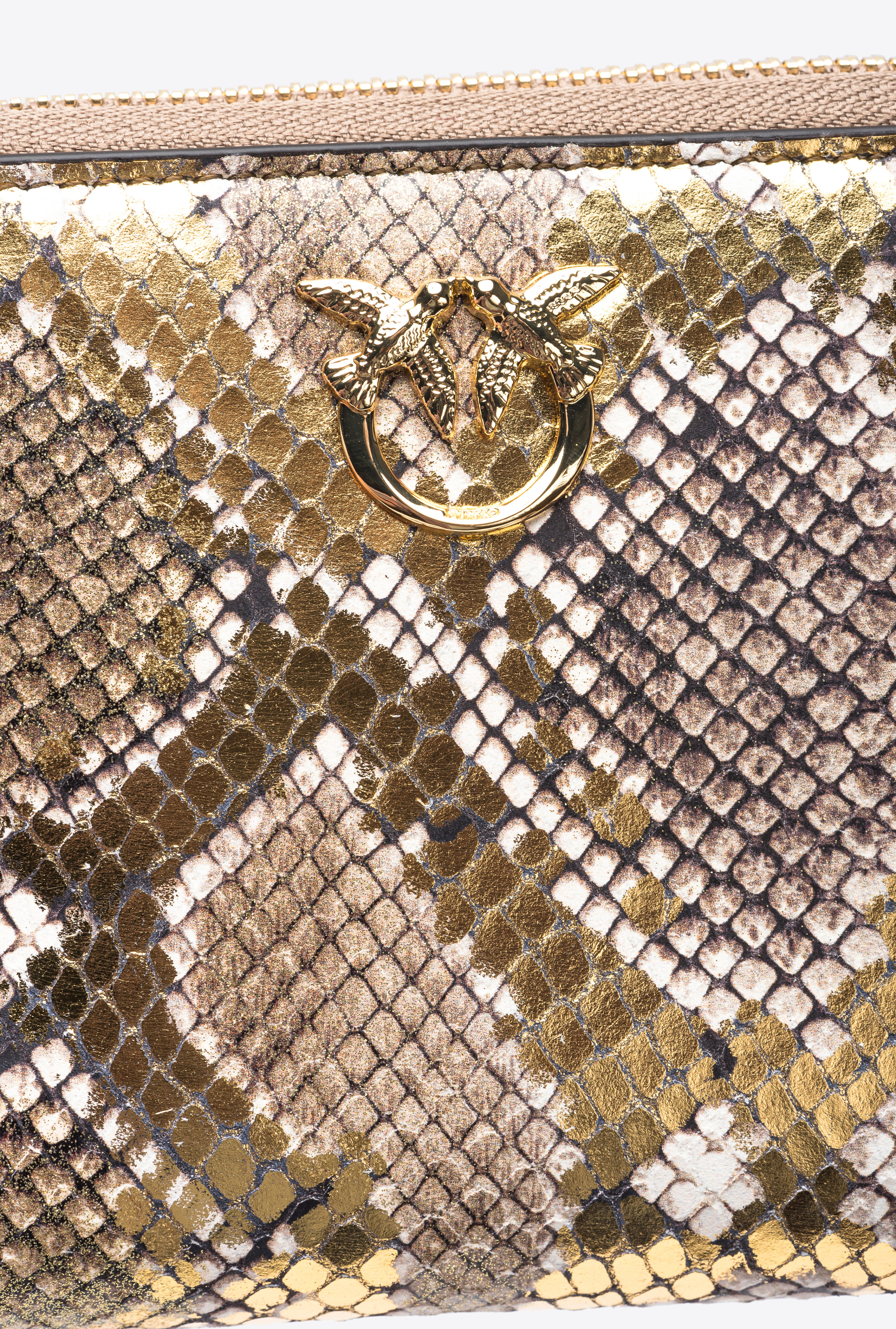 Pinko Galleria Square Wallet With Laminated Python Print In Or/gris-or