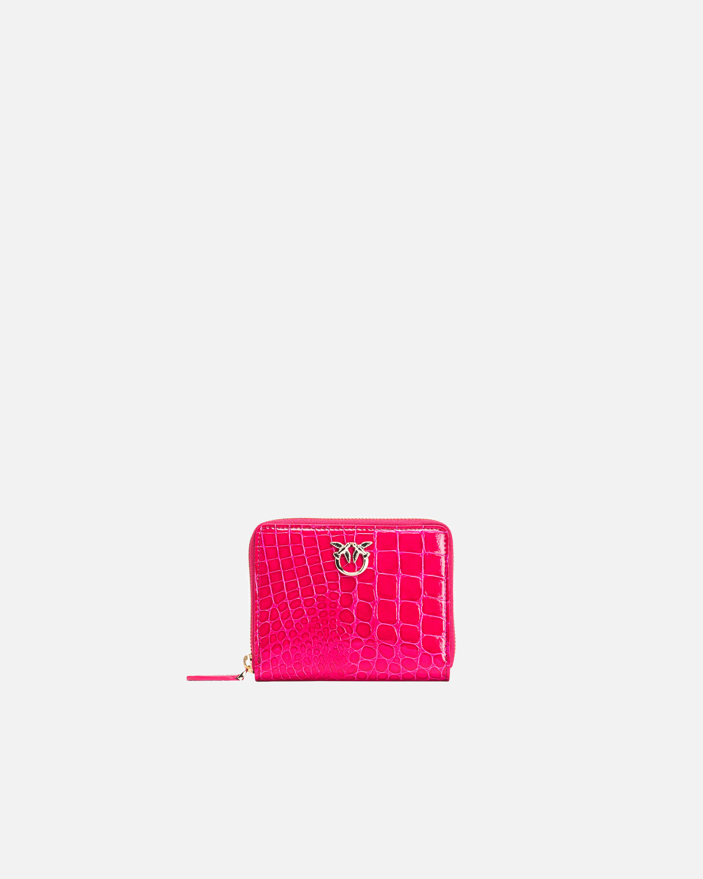 Shop Pinko Galleria Square Zip-around Wallet In Shiny Croc-print Leather In Pink -light Gold