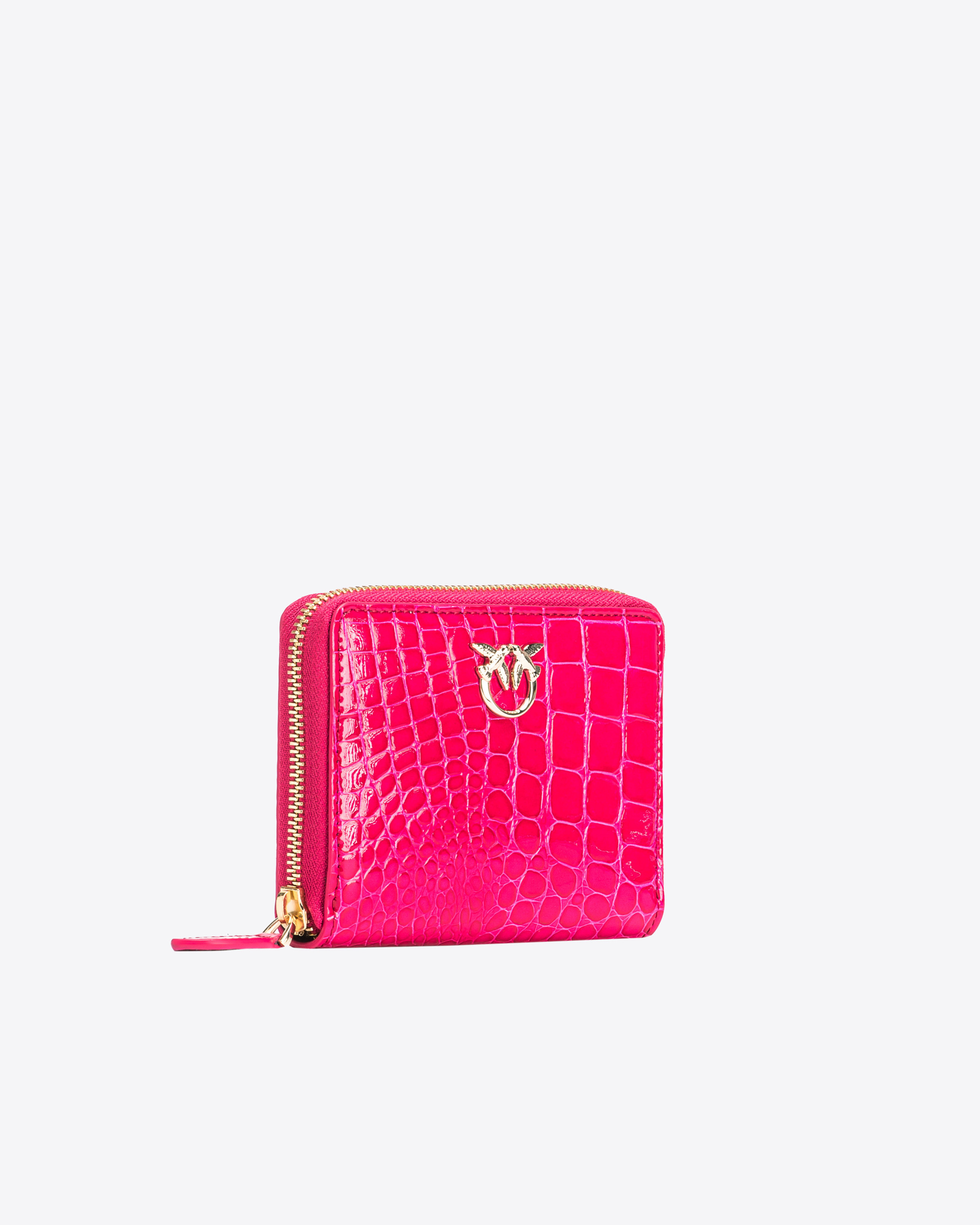 Shop Pinko Galleria Square Zip-around Wallet In Shiny Croc-print Leather In Pink -light Gold