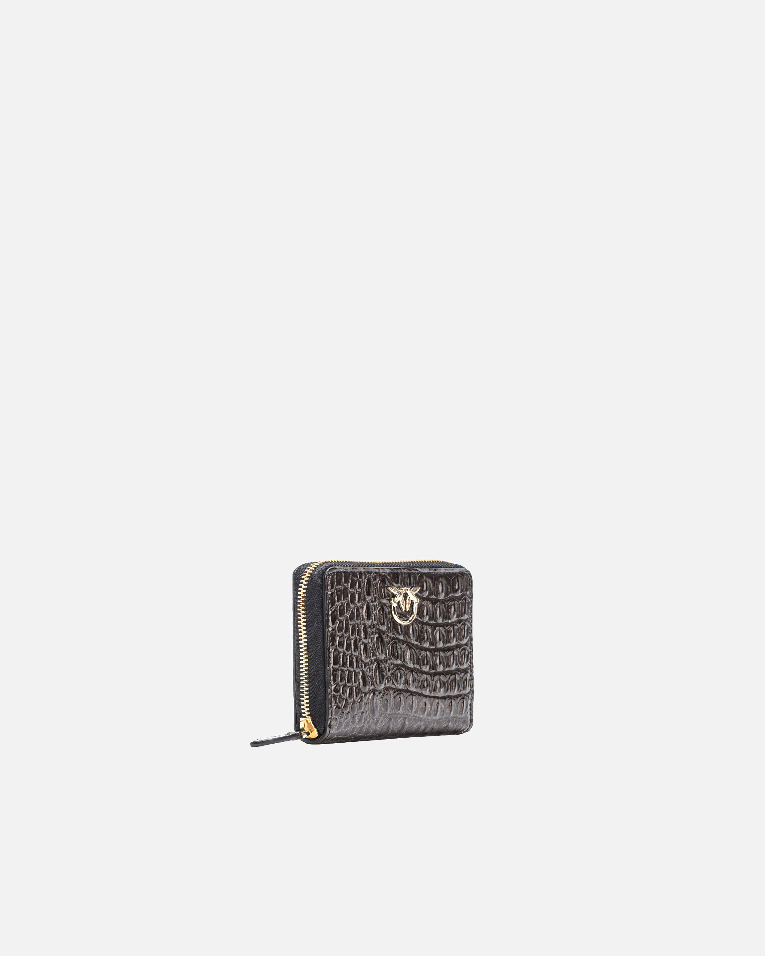 Pinko Galleria Square Wallet In Glossy Crocodile Leather In Noir-or Clair