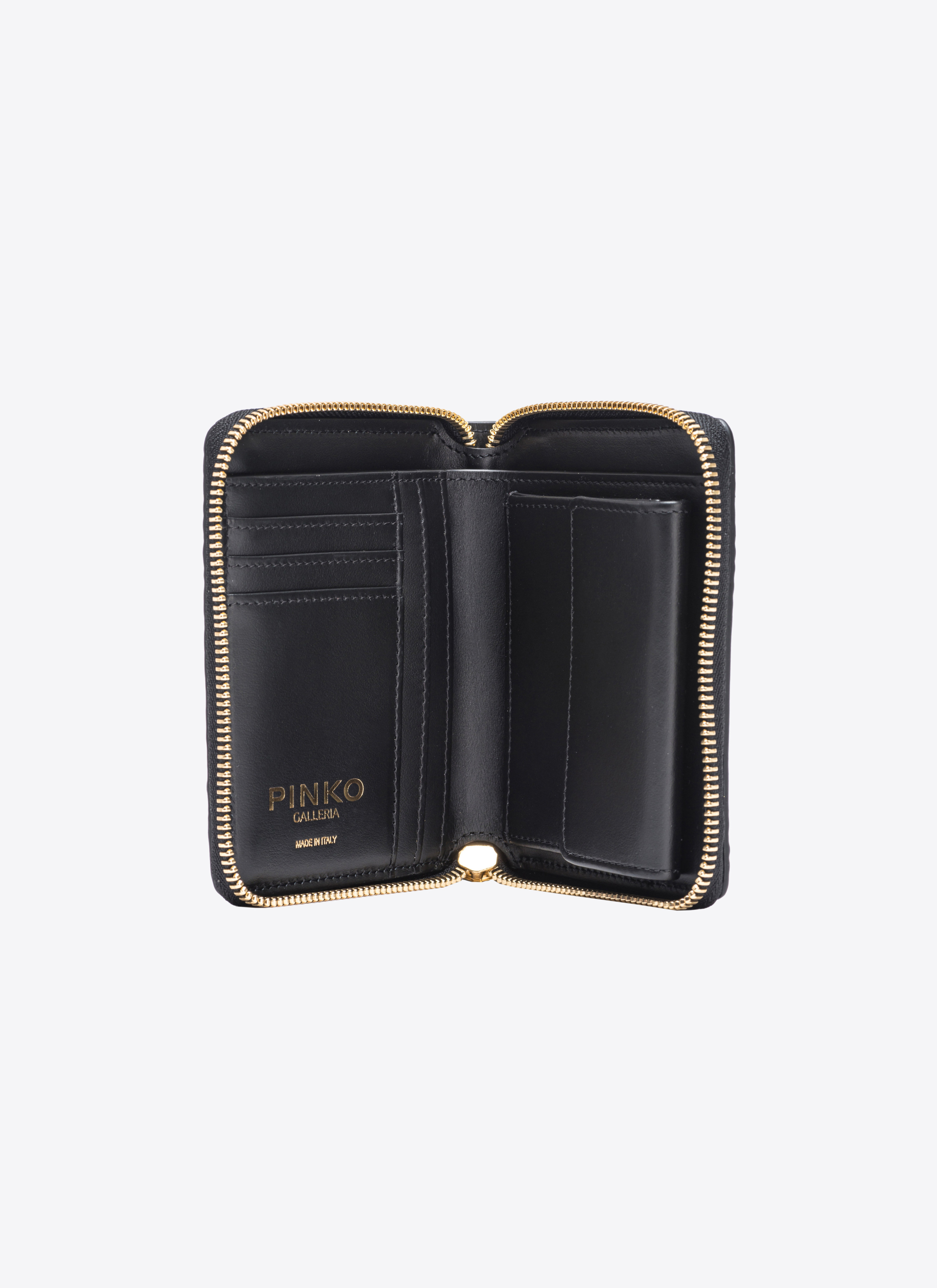 Pinko Galleria Square Wallet In Glossy Crocodile Leather In Noir-or Clair