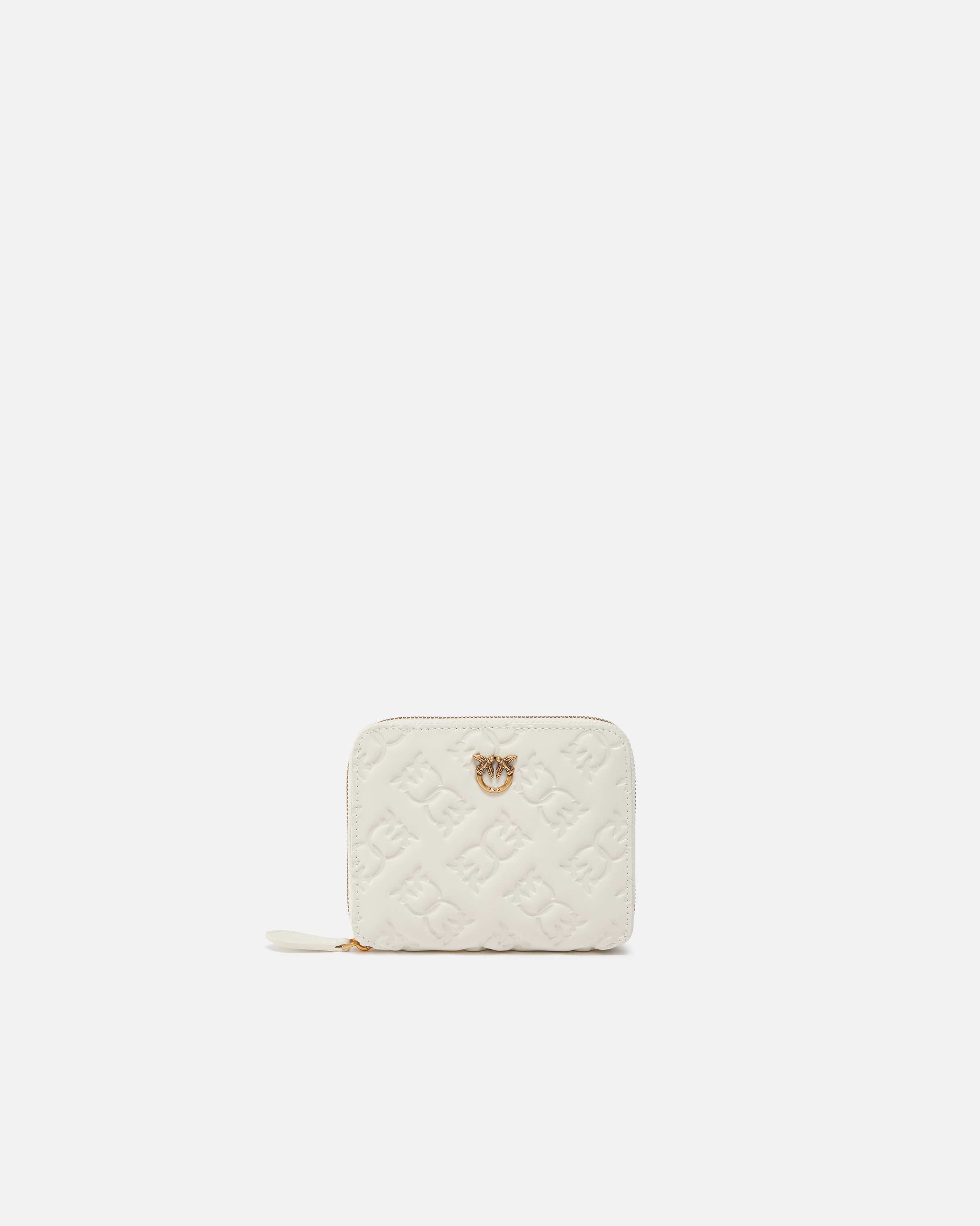 Pinko Square Wallet In Monogram Imprinted Leather In Bianco+banco-antique Gold