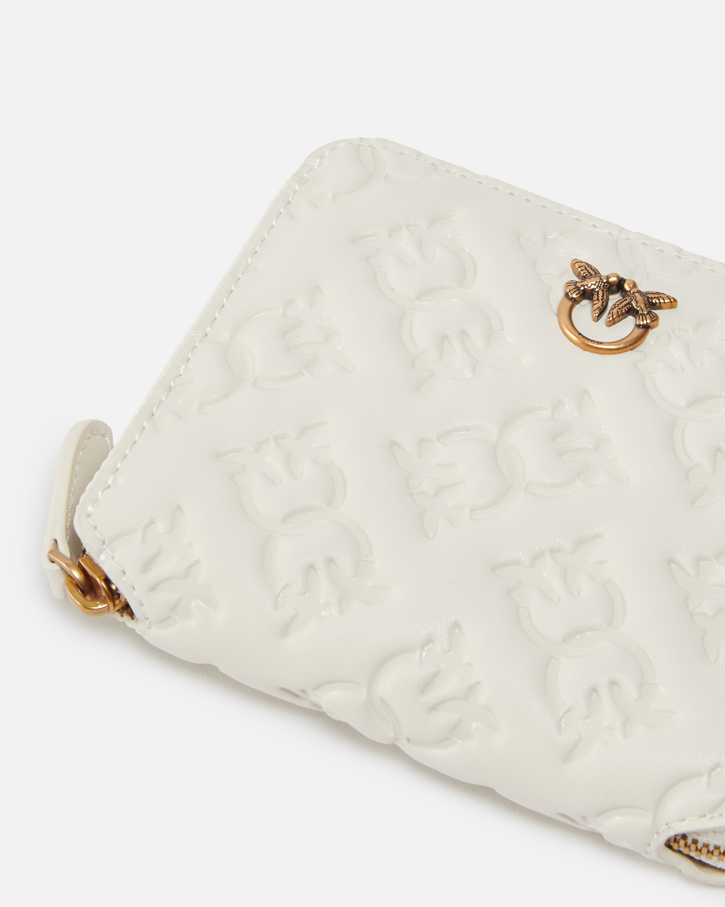 Pinko Square Wallet In Monogram Imprinted Leather In Bianco+banco-antique Gold