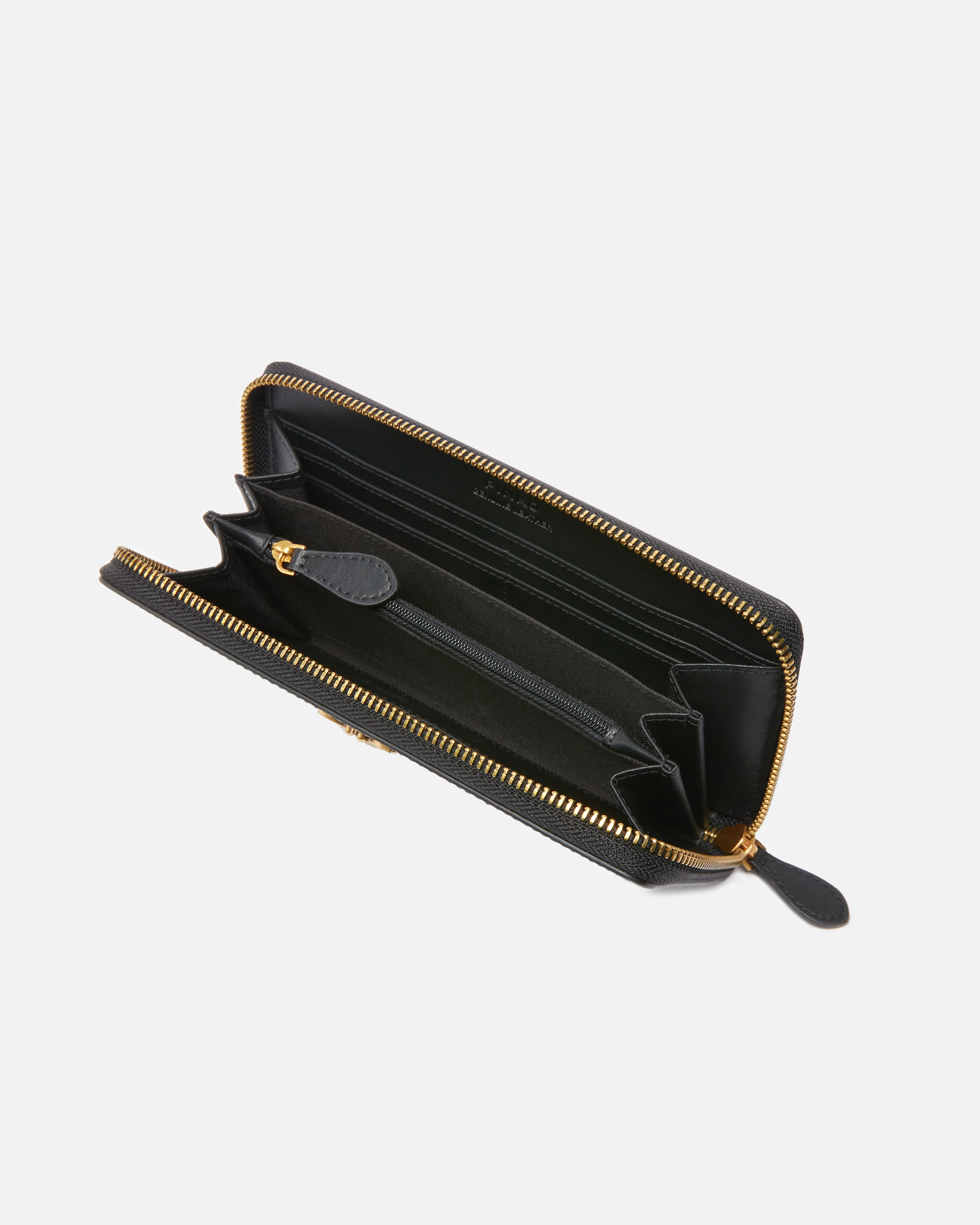 Pinko Zip-around Leather Purse In Black-antique Gold