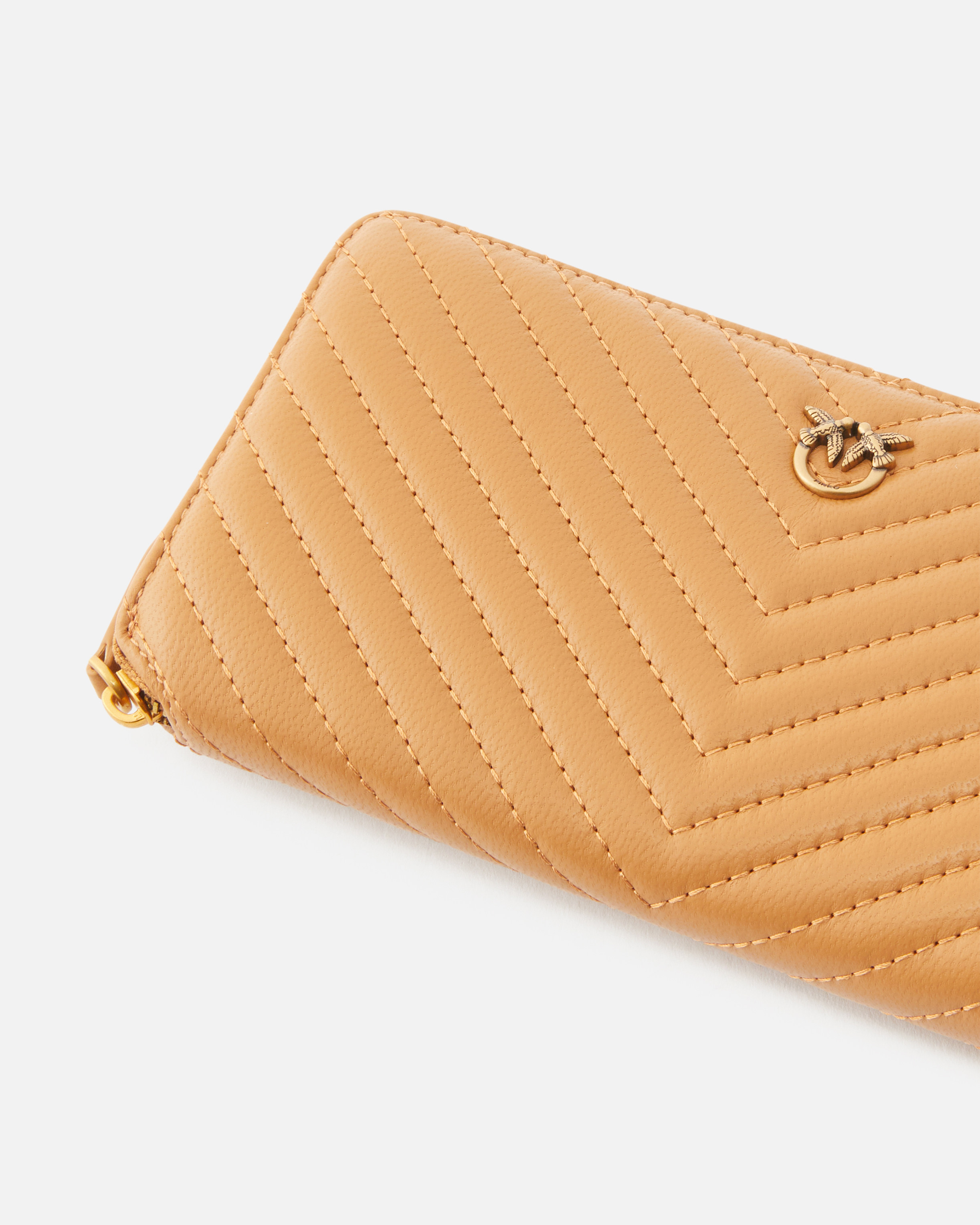 Pinko Zip-around Wallet In Chevron-patterned Nappa Leather In Torrone-antique Gold