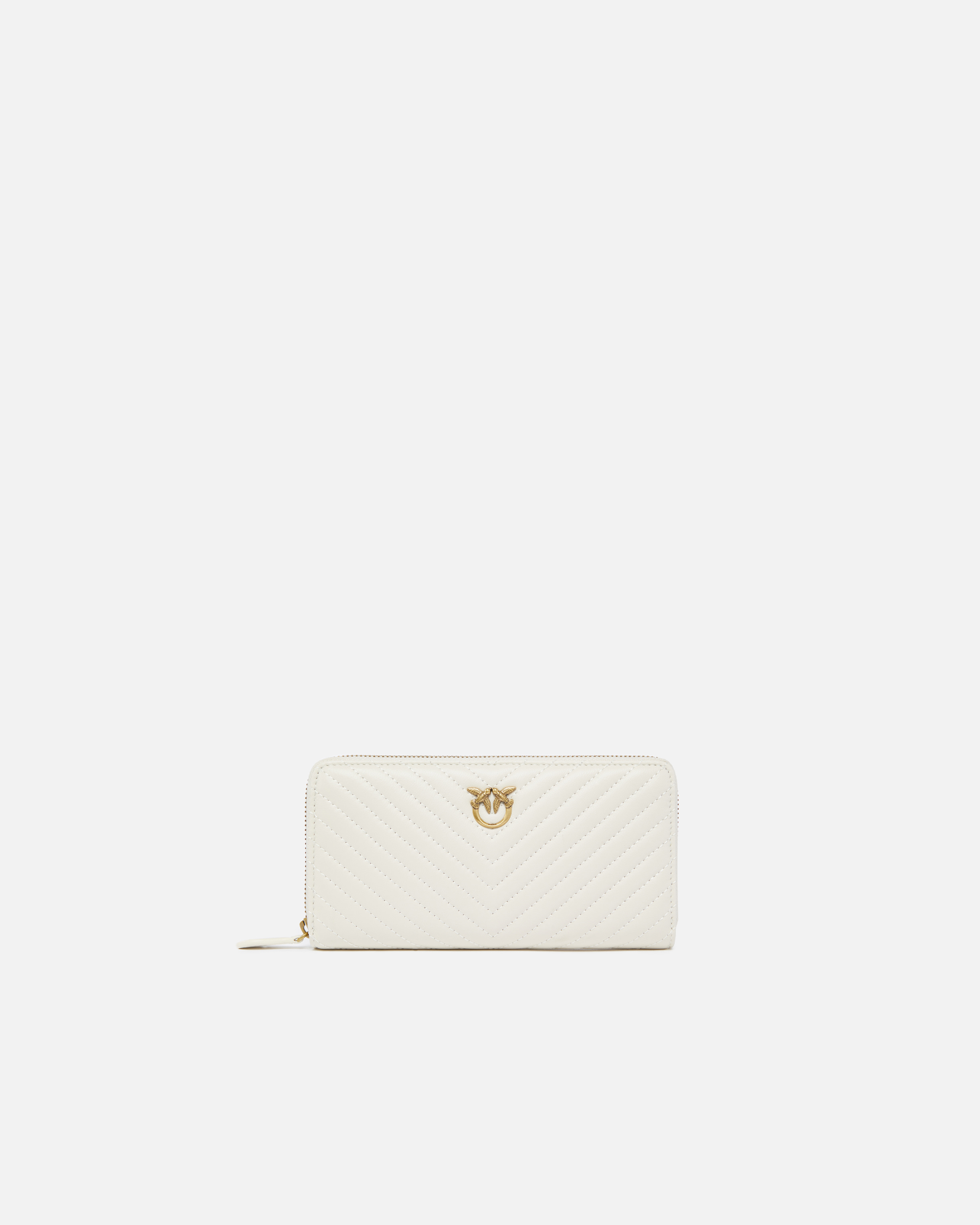 Pinko Zip-around Wallet In Chevron-patterned Nappa Leather In White+white-antique Gold