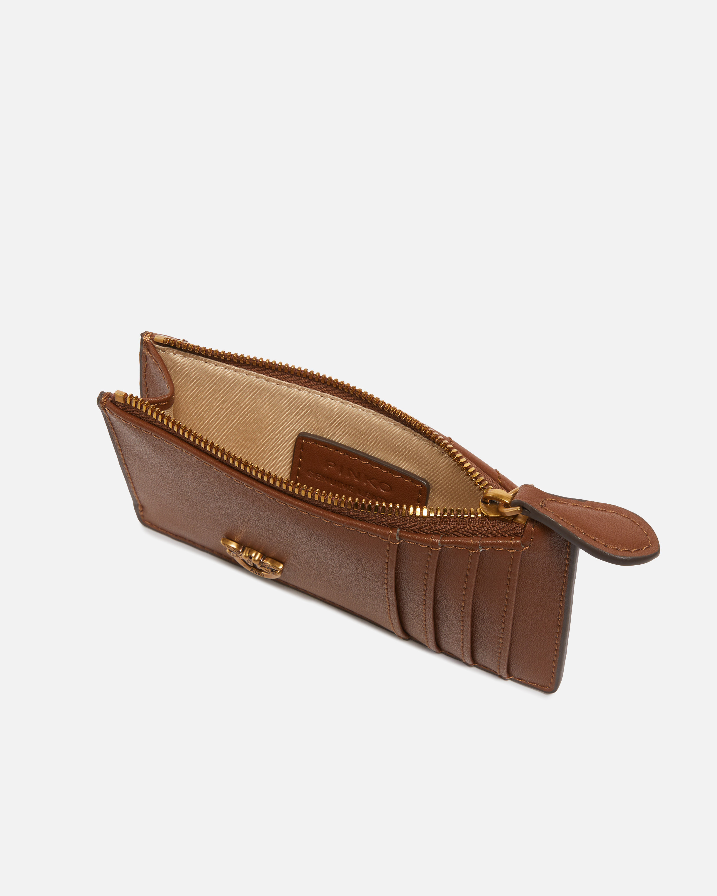 Pinko Nappa Leather Card Holder With Chevron Workmanship In Brown