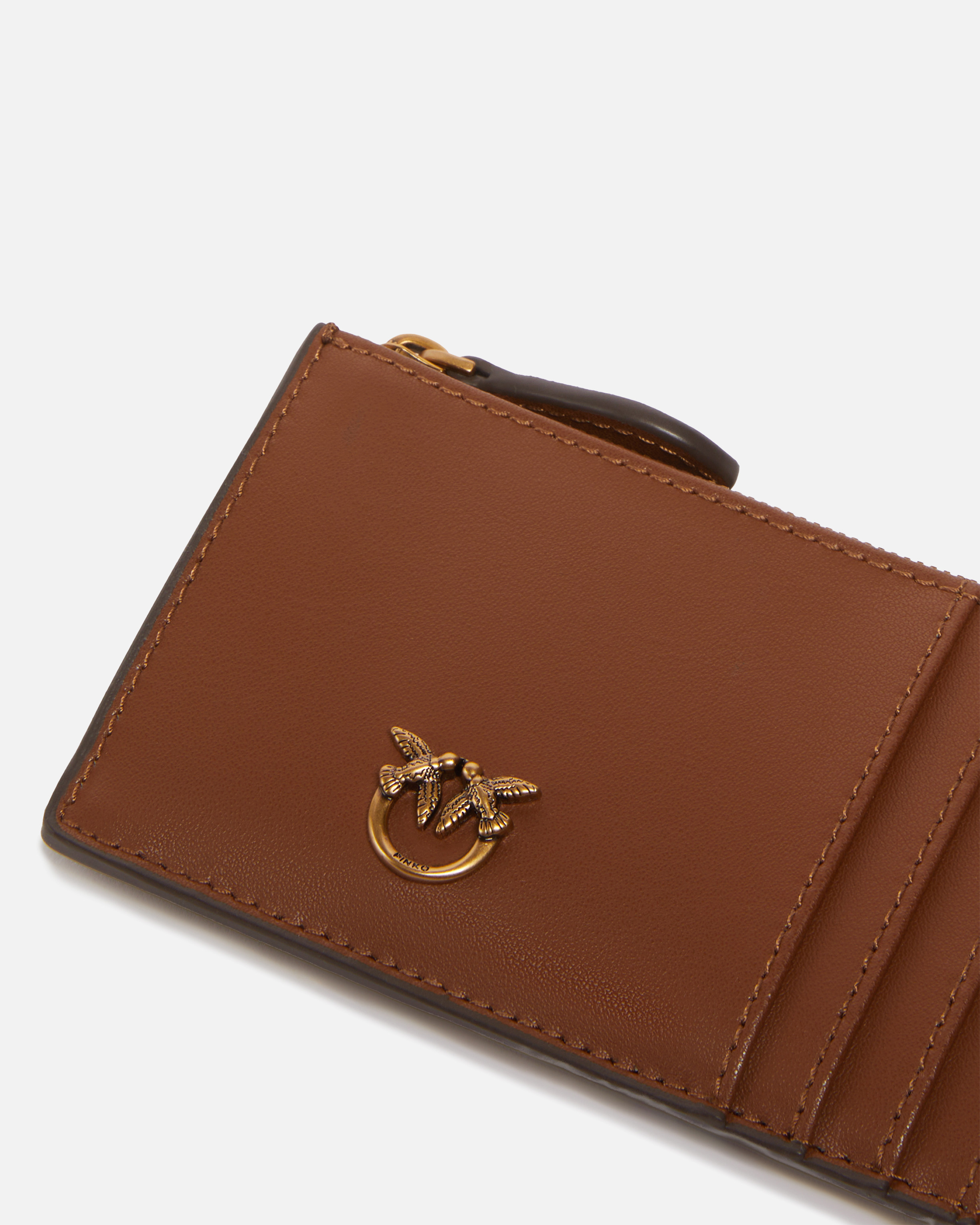 Pinko Nappa Leather Card Holder With Chevron Workmanship In Brown