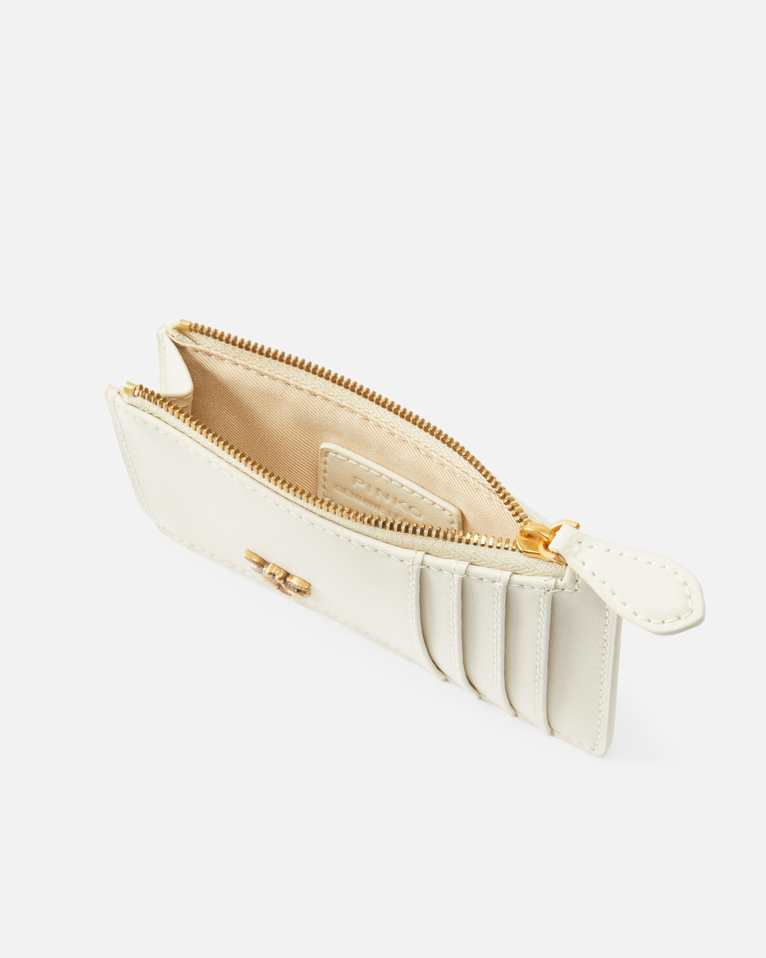 Pinko Zipped Chevron-patterned Card Holder In Bianco+banco-antique Gold