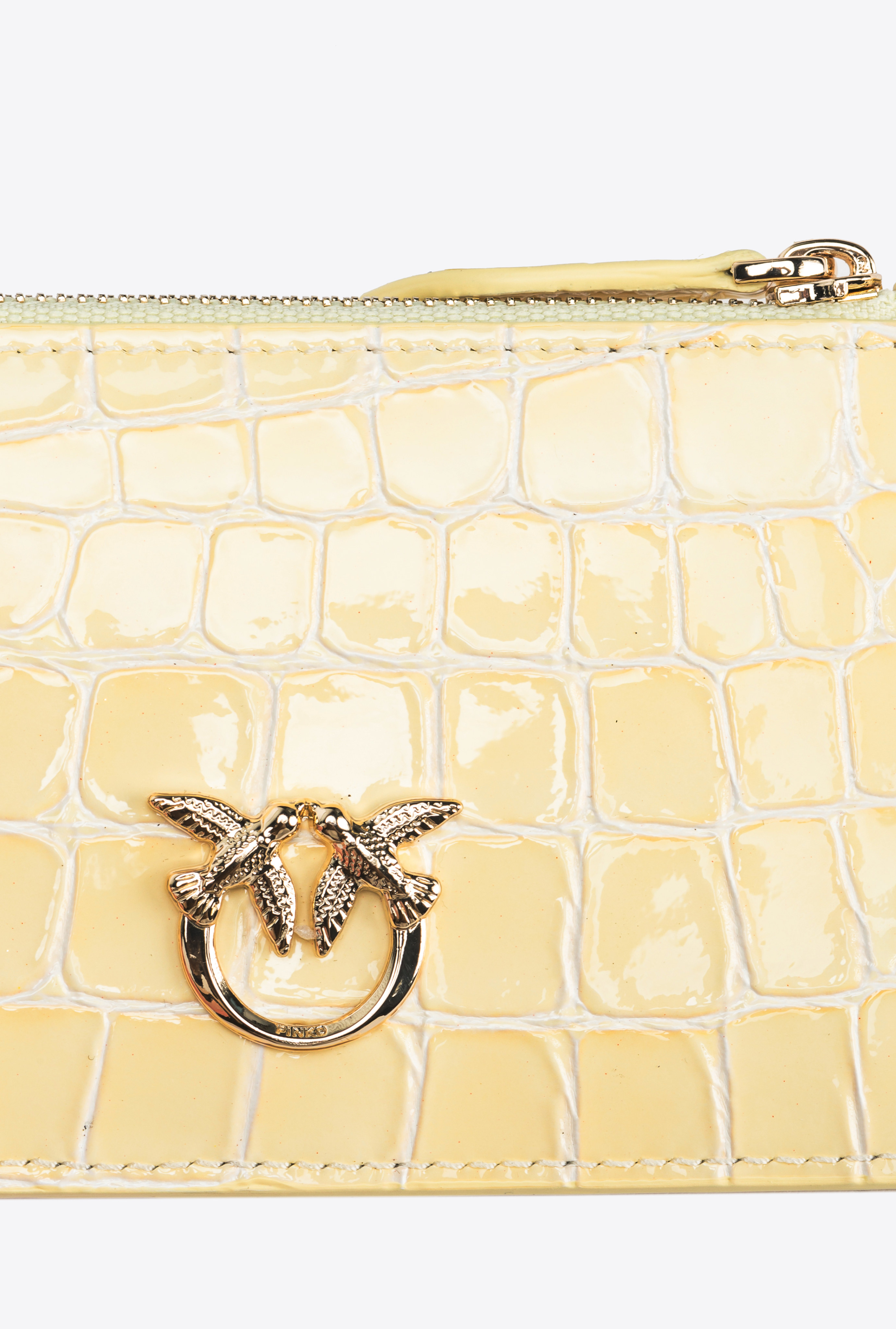 Shop Pinko Galleria Shiny Croc-print Card Holder In Hay-light Gold