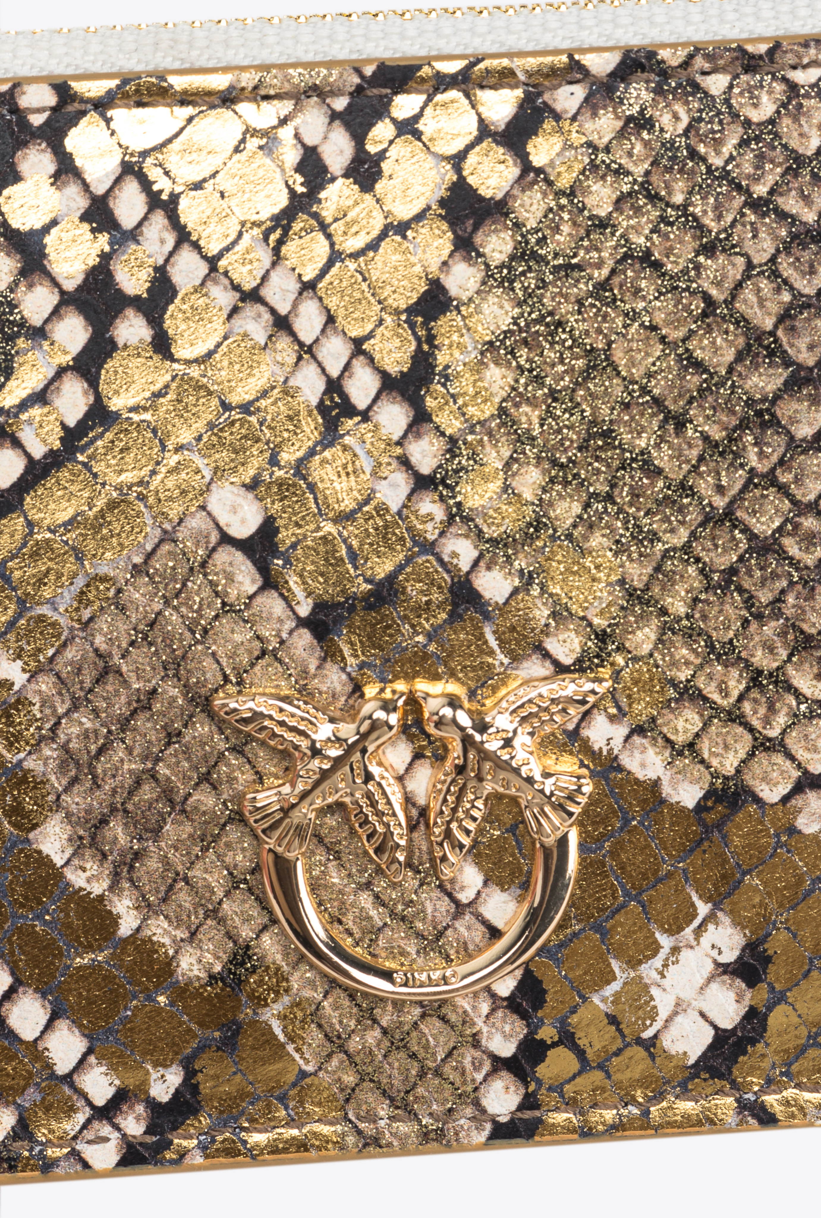 Pinko Galleria Card Holder In Laminated Reptile-print Leather In Gold/grey-gold