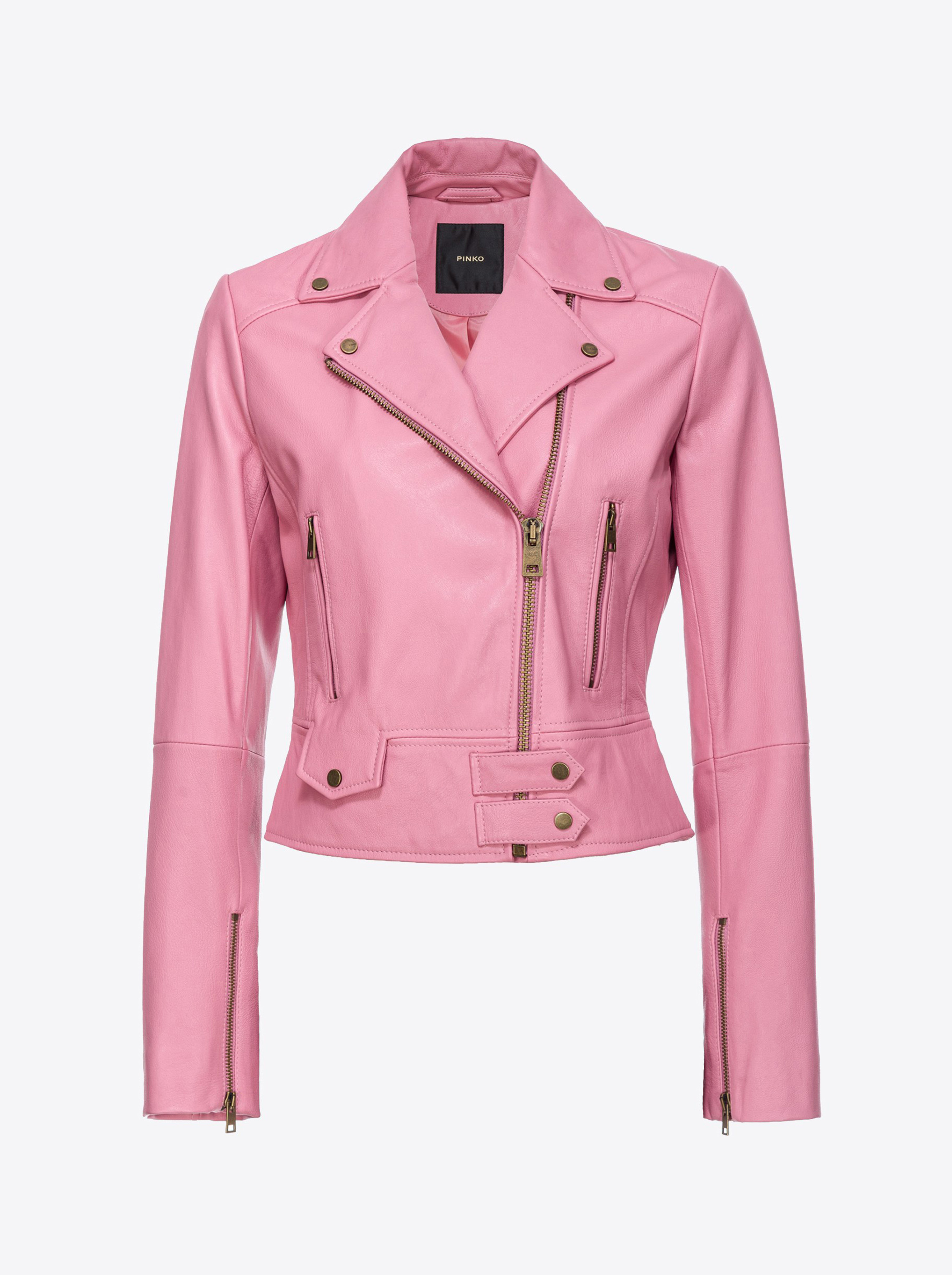 Shop Pinko Blouson De Motard En Cuir Nappa In Rose - Polignac