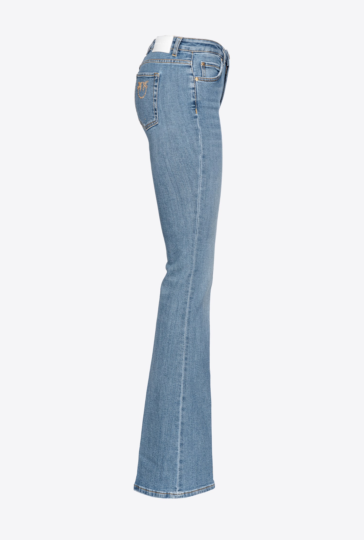 Shop Pinko Jean Flare En Denim Bleu Stretch Avec Broderie Love Birds In Mid Wash