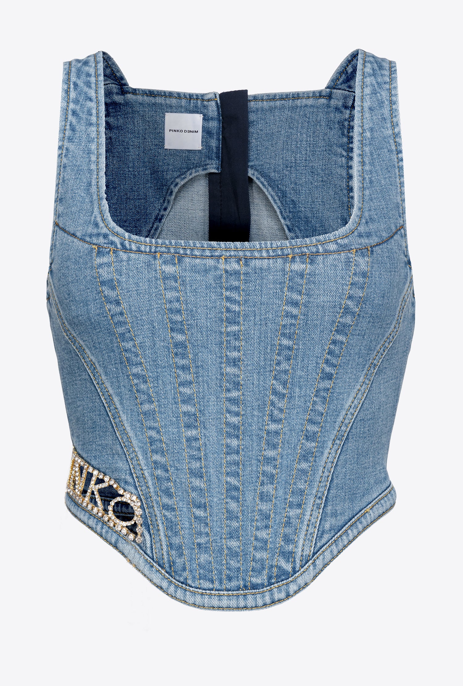 TOP PINKO DENIM BUSTIER WITH RHINESTONE LOGO