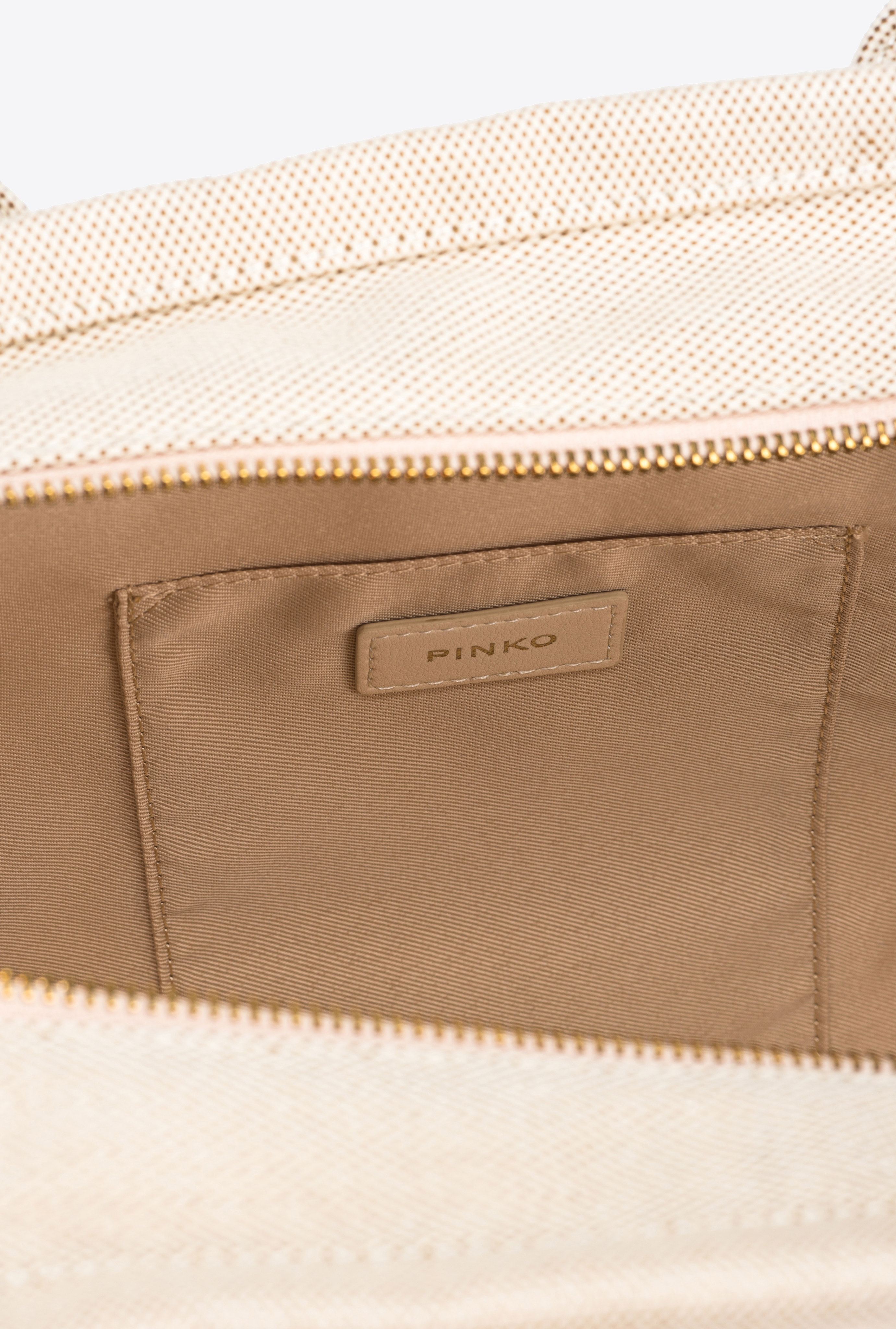 Pinko Beach Shopper In Canvas Riciclato Sale E Pepe In Sabbia/ecru-antique Gold