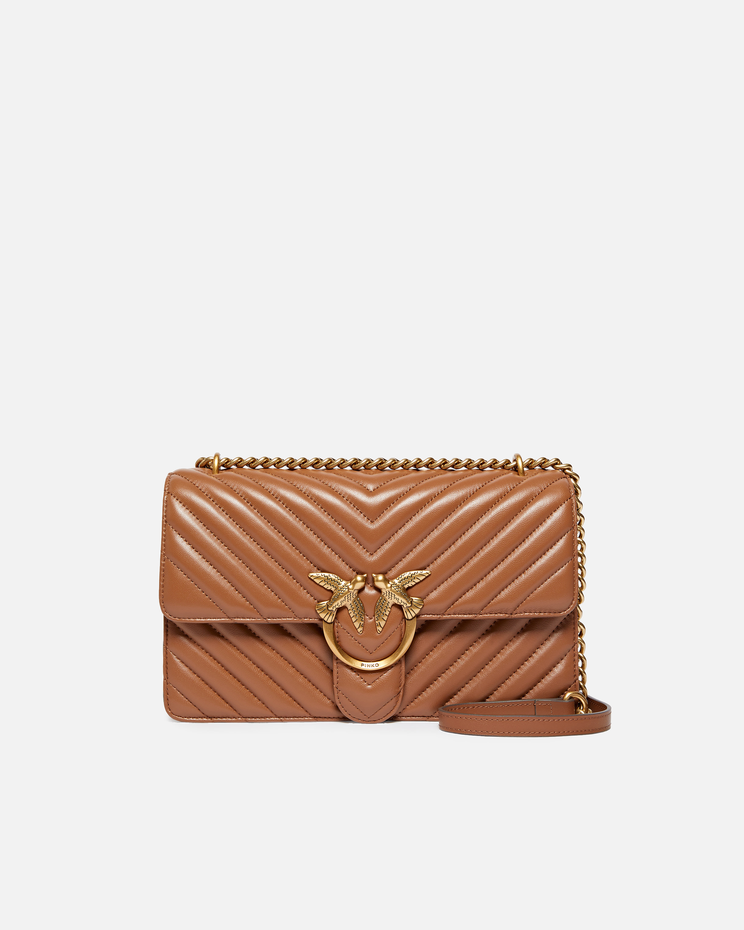Pinko Chevron-quilted Brown Shoulder Bag With Gold-tone Clasp In Brown