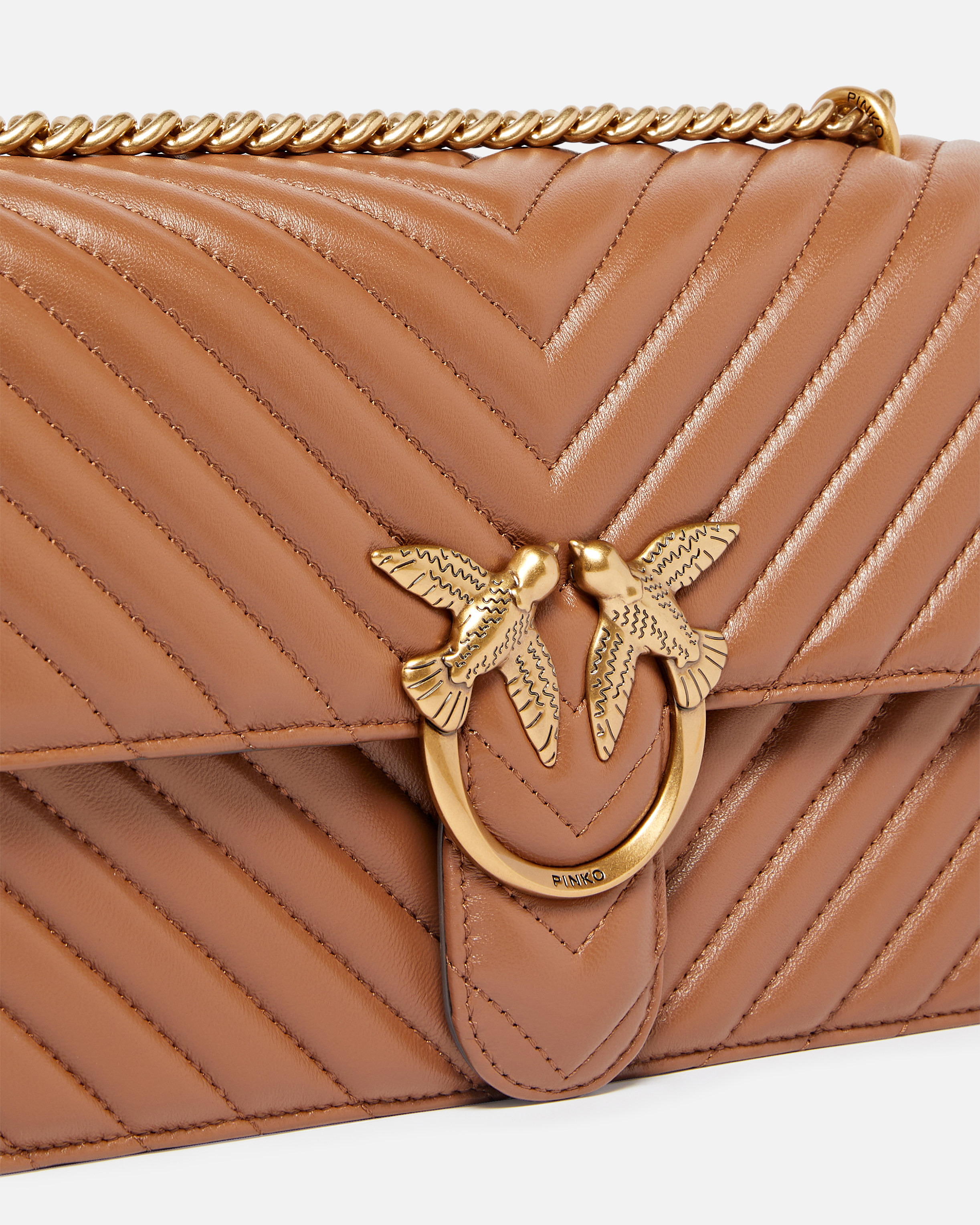 Pinko Chevron-quilted Brown Shoulder Bag With Gold-tone Clasp In Brown