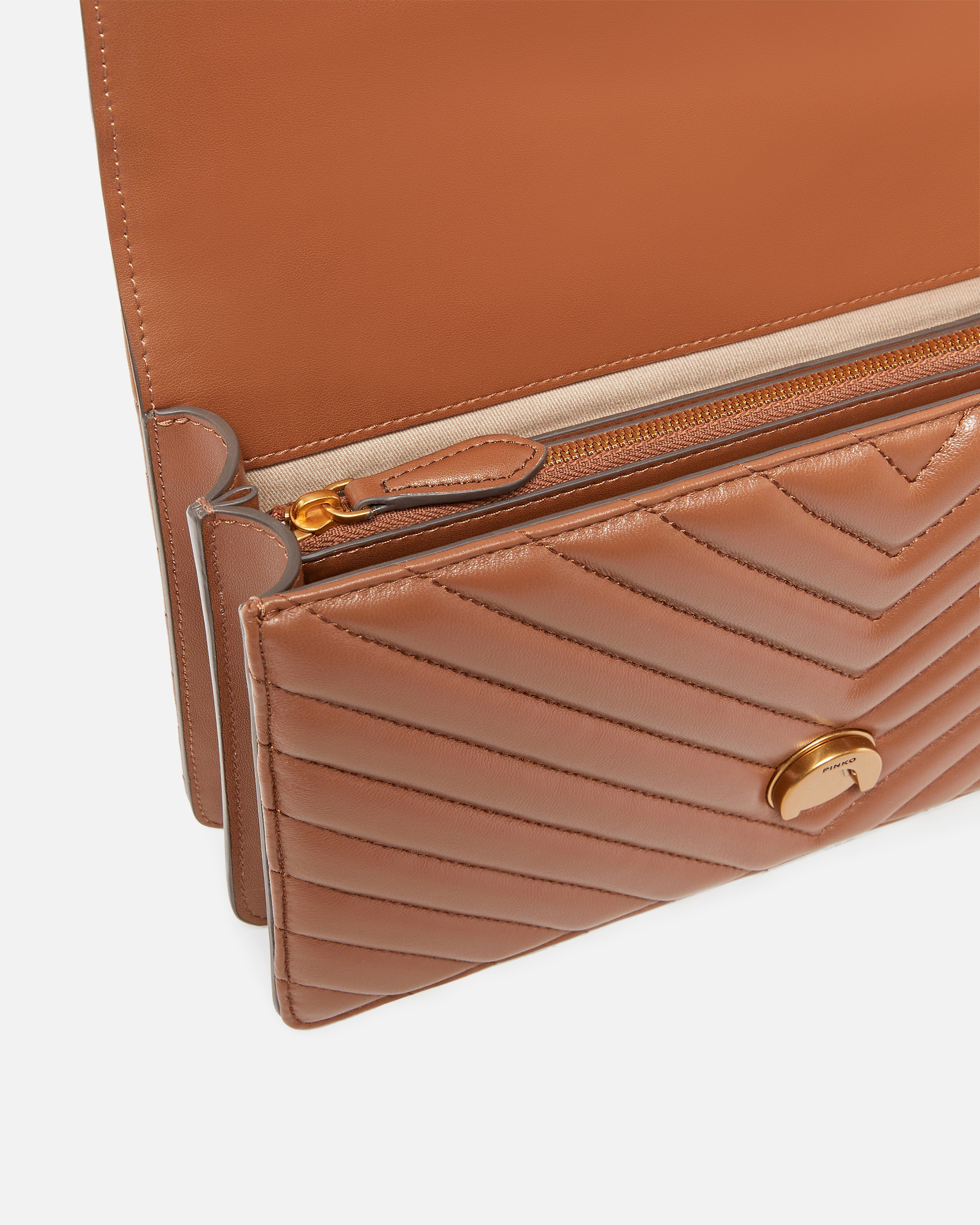 Pinko Chevron-quilted Brown Shoulder Bag With Gold-tone Clasp In Brown
