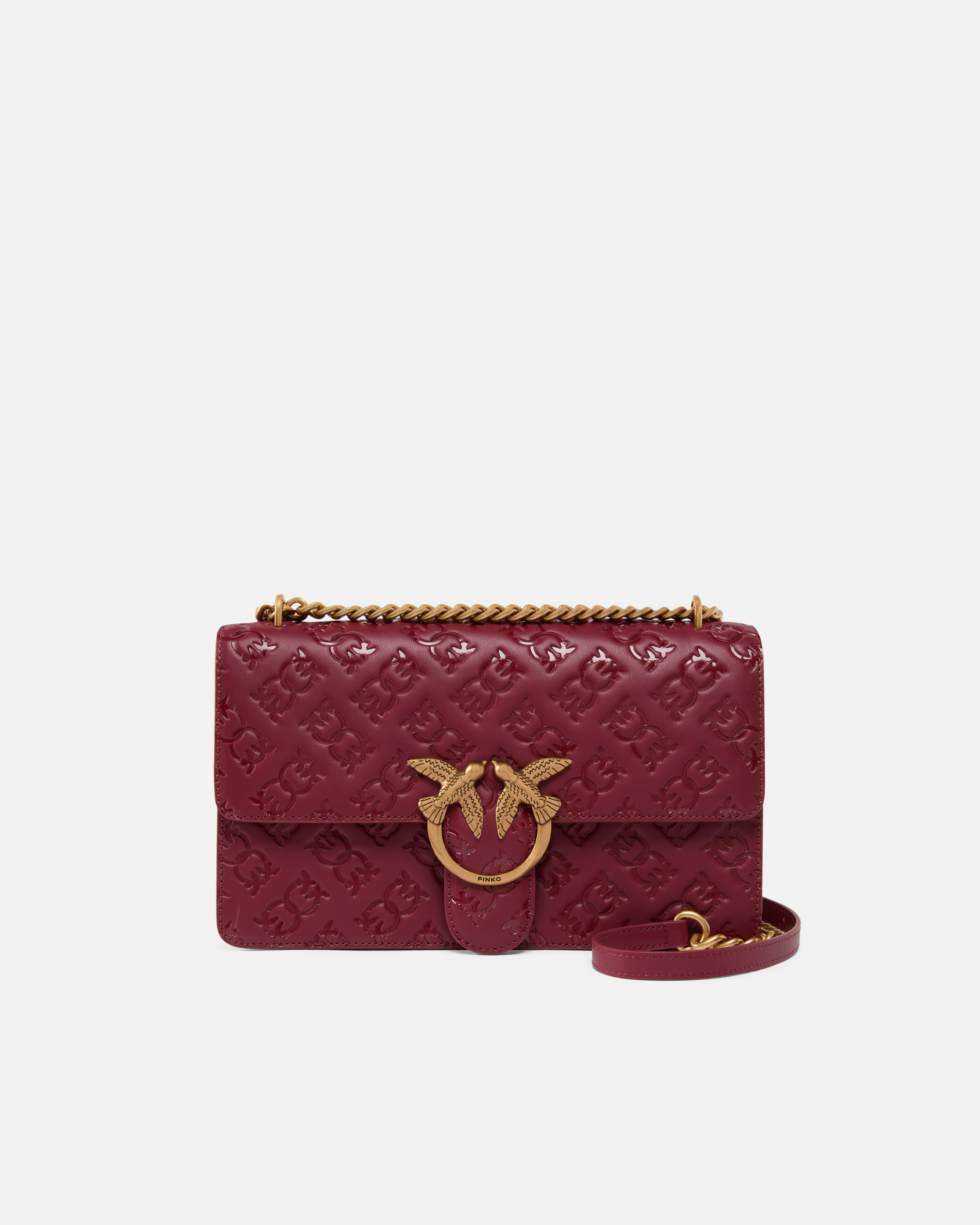 Pinko Love Bag Leather Crossbody Bag With Logo In Bordeaux Merlot-or Antique