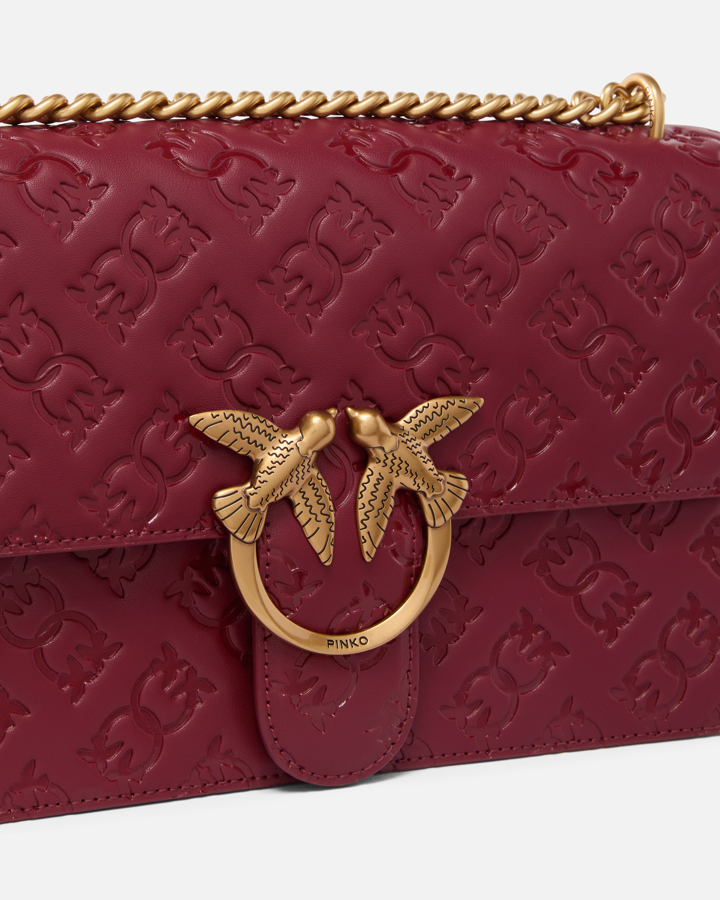 Pinko Love Bag Leather Crossbody Bag With Logo In Bordeaux Merlot-or Antique
