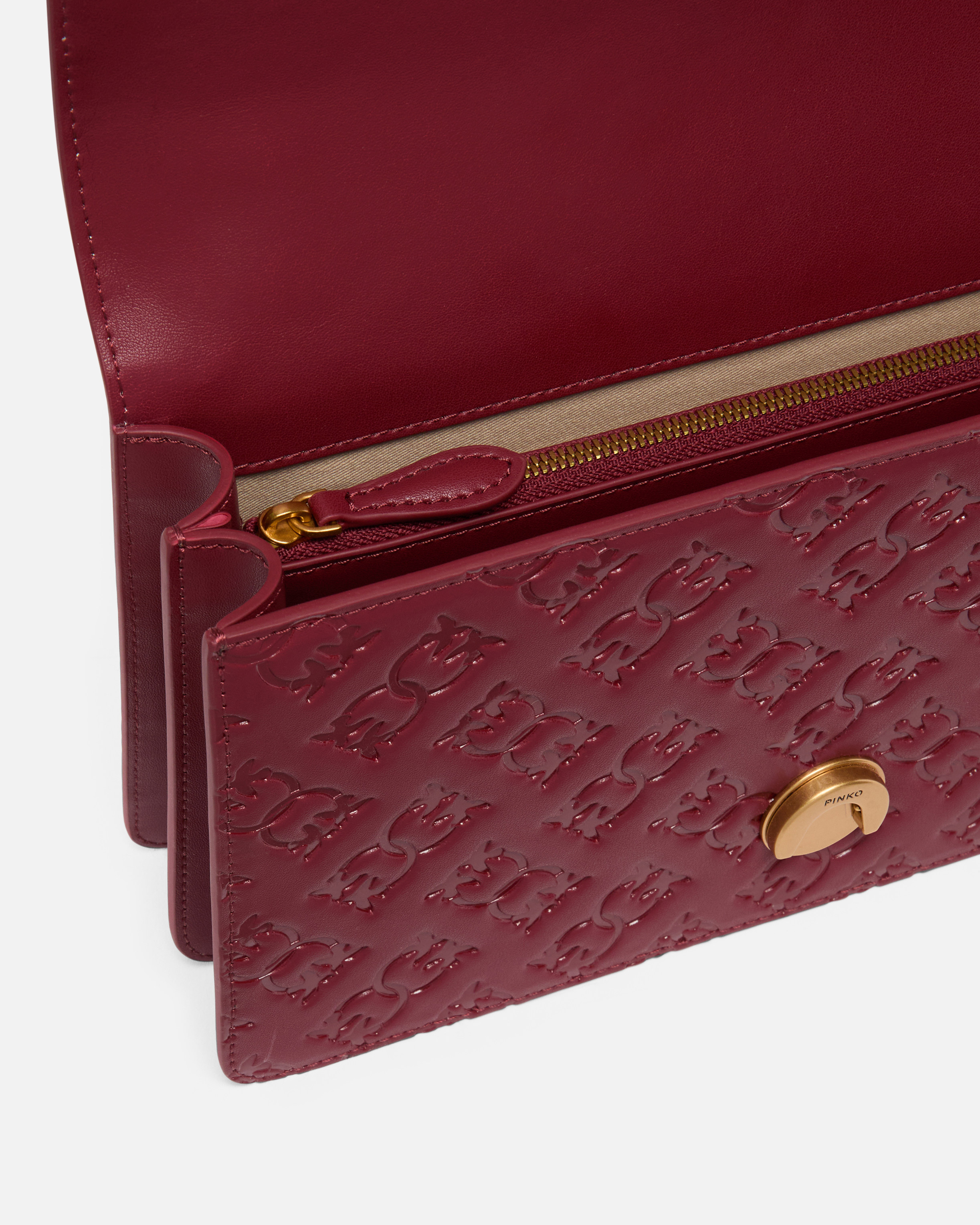 Pinko Love Bag Leather Crossbody Bag With Logo In Bordeaux Merlot-or Antique