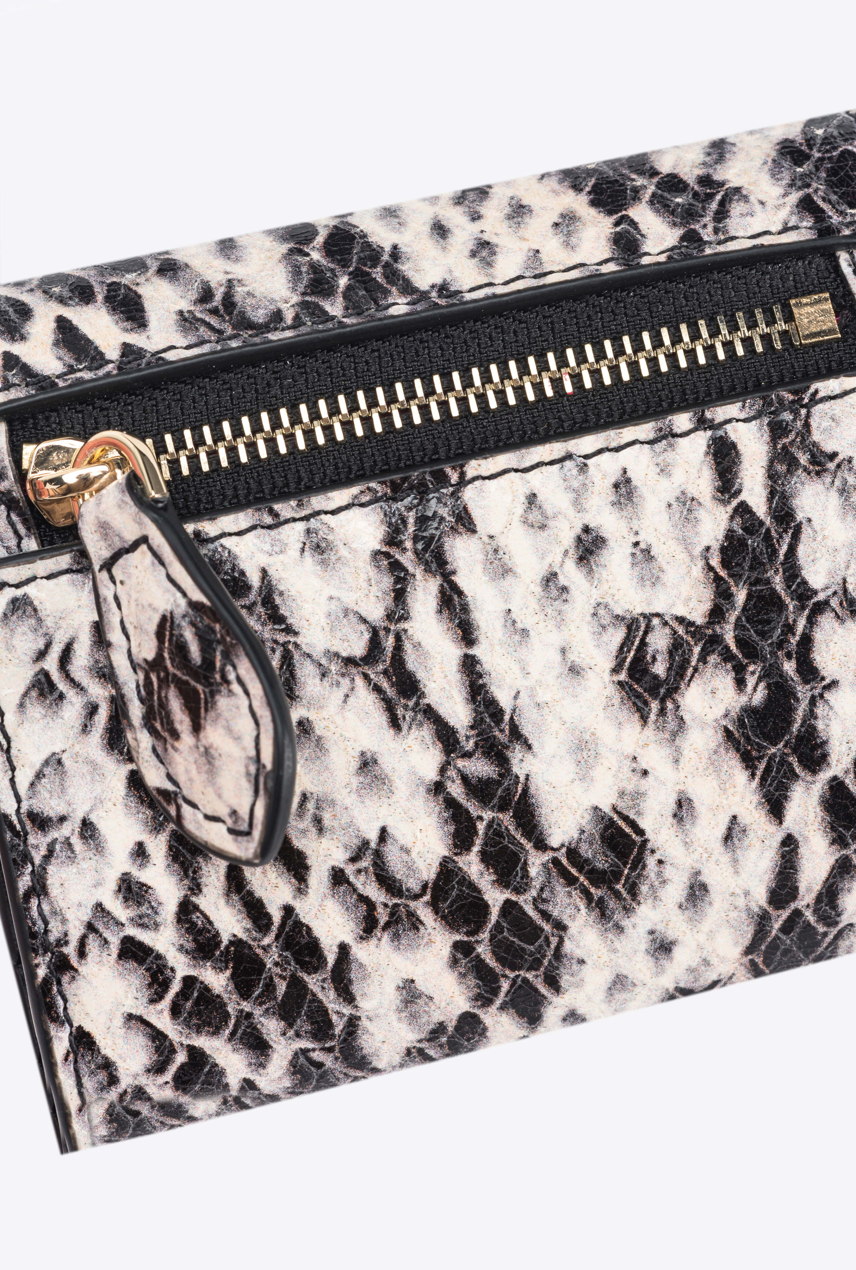 Pinko Galleria Small Wallet In Reptile-print Leather In White/black-light Gold