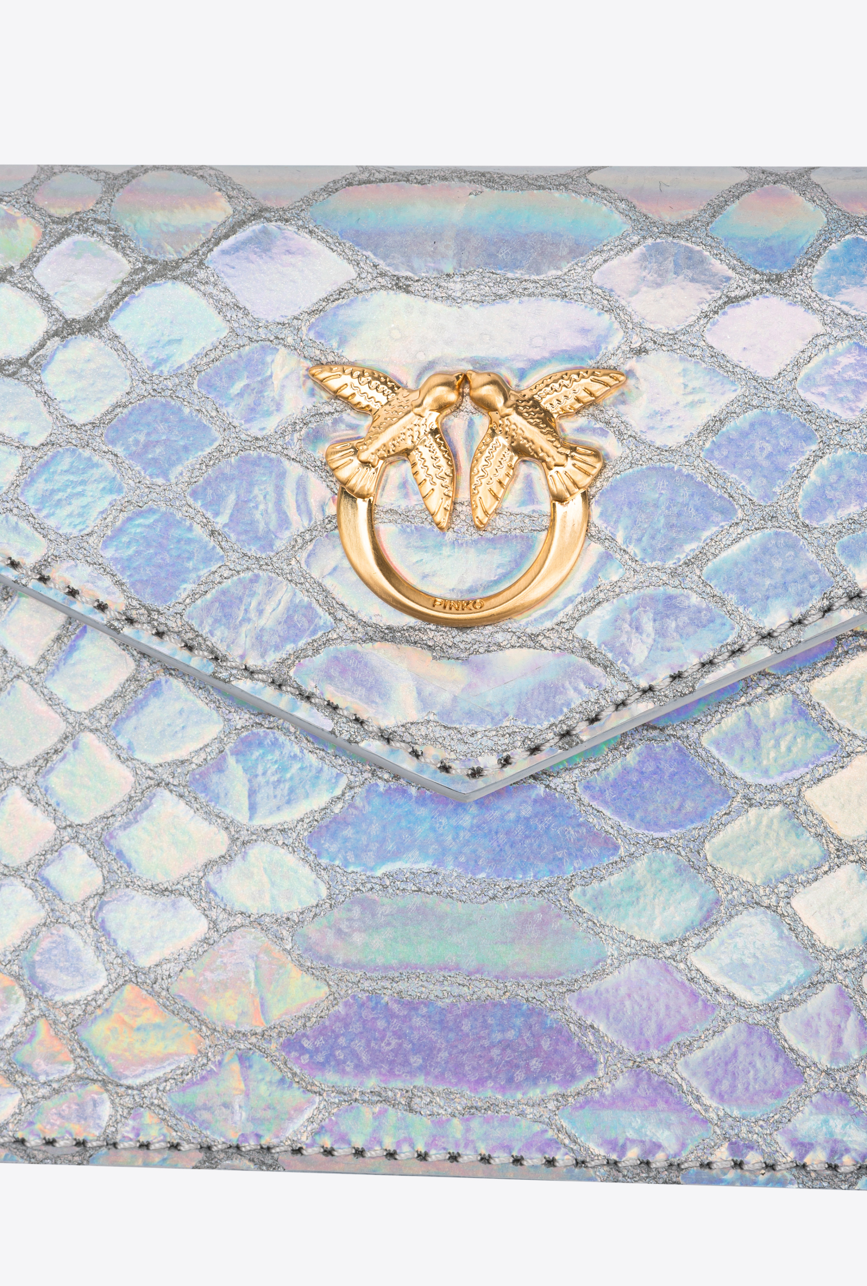 PINKO Galleria flat card holder in holographic silver reptile skin