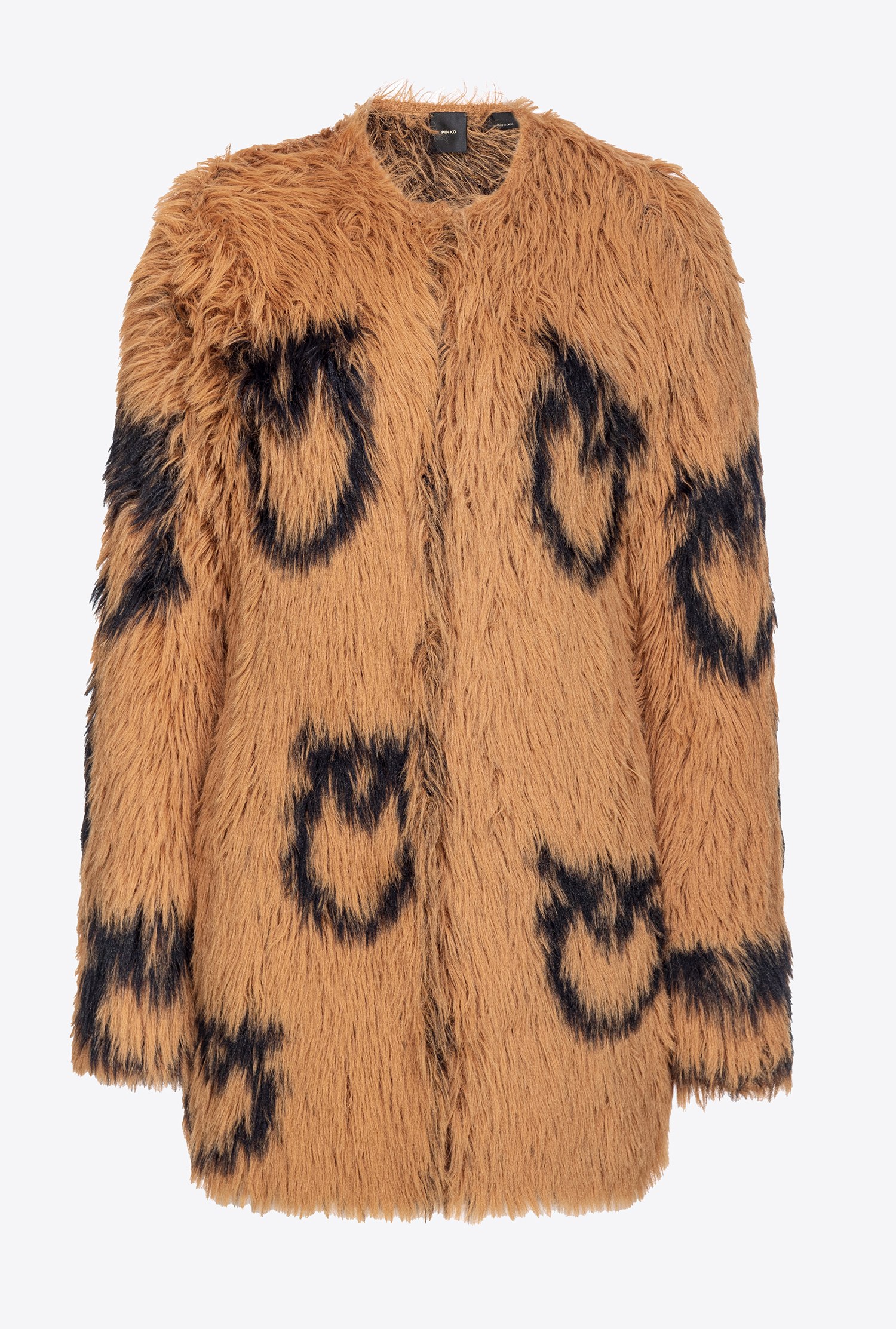 Faux fur coat with Love Birds logo - Camel/black