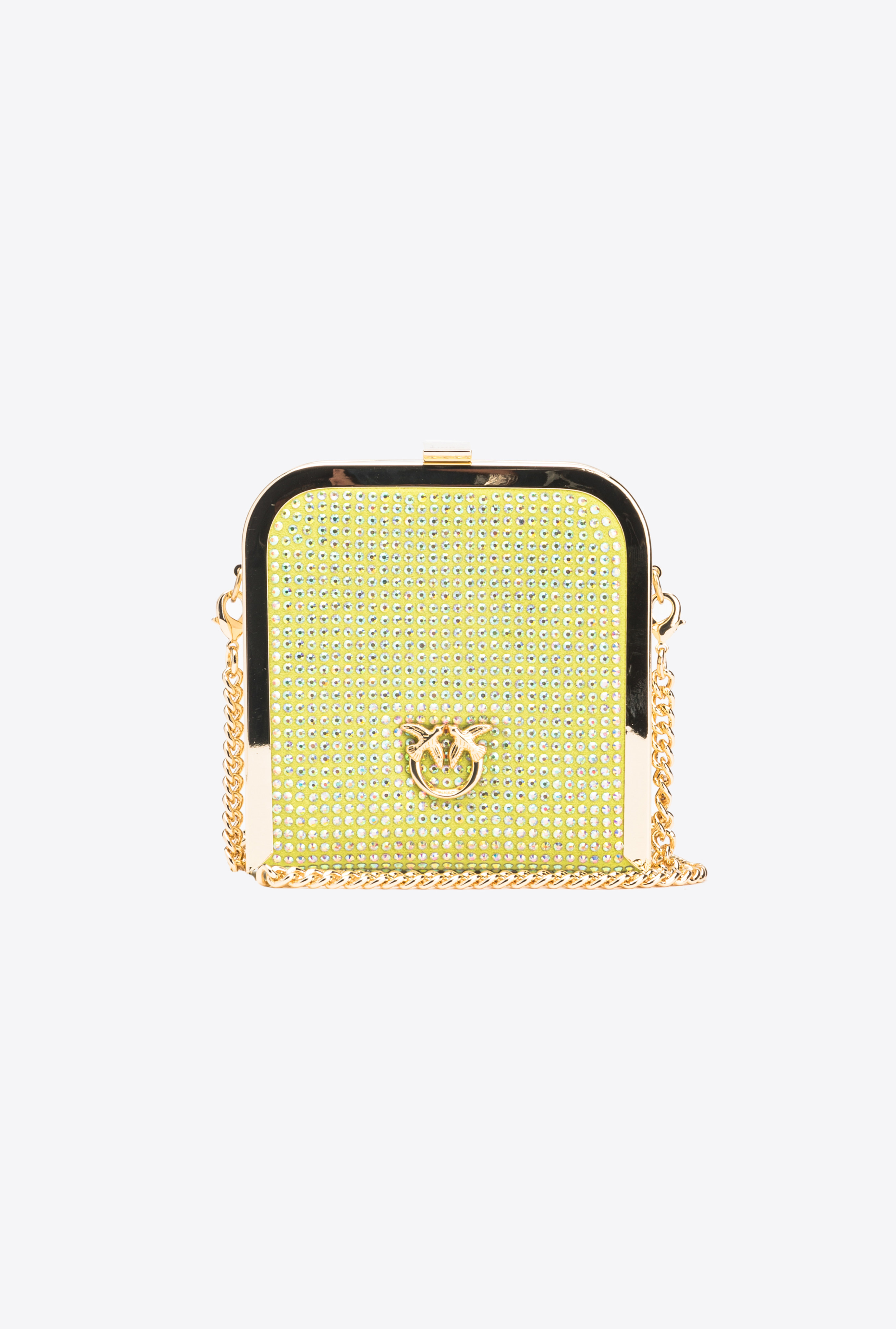 Pinko Love Birds Rhinestone-embellished Clutch In Citron Vert-or Brillant