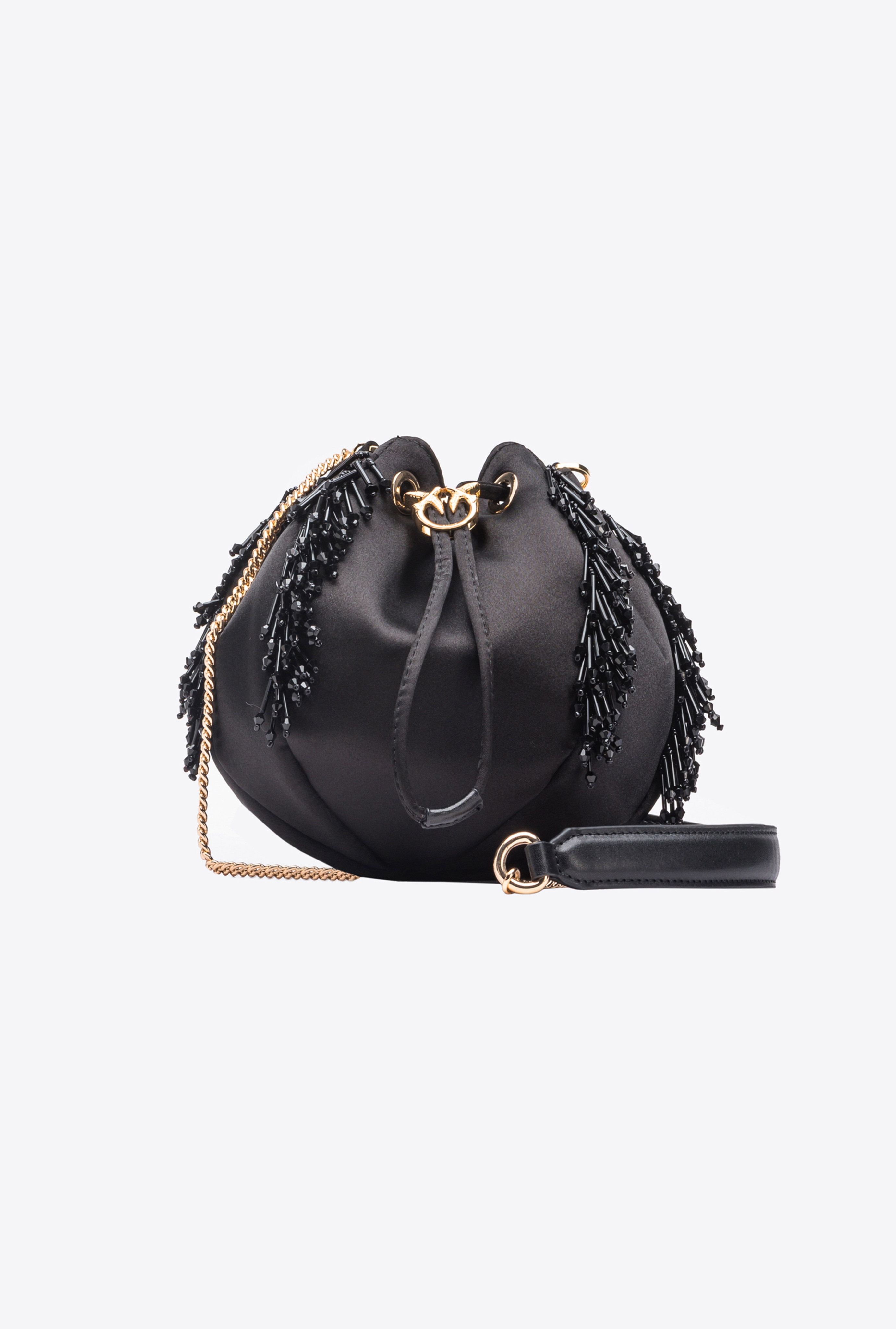 Pinko Bead fringe Satin Mini Bag In Limo Black shiny Gold ModeSens