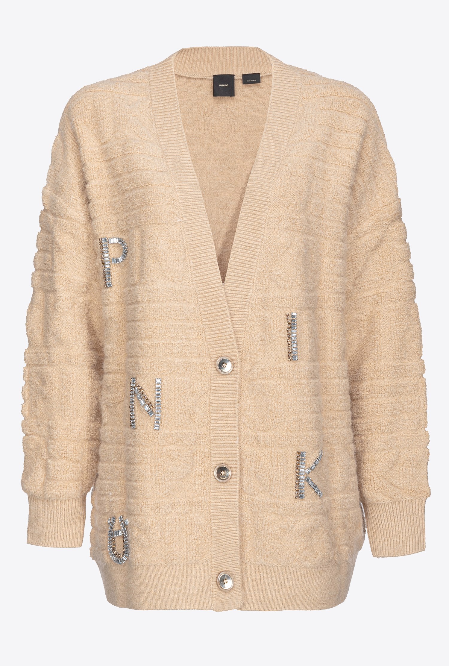 Pinko Cardigan With 3d Rhinestone Logo In Beige-nougat Noisette