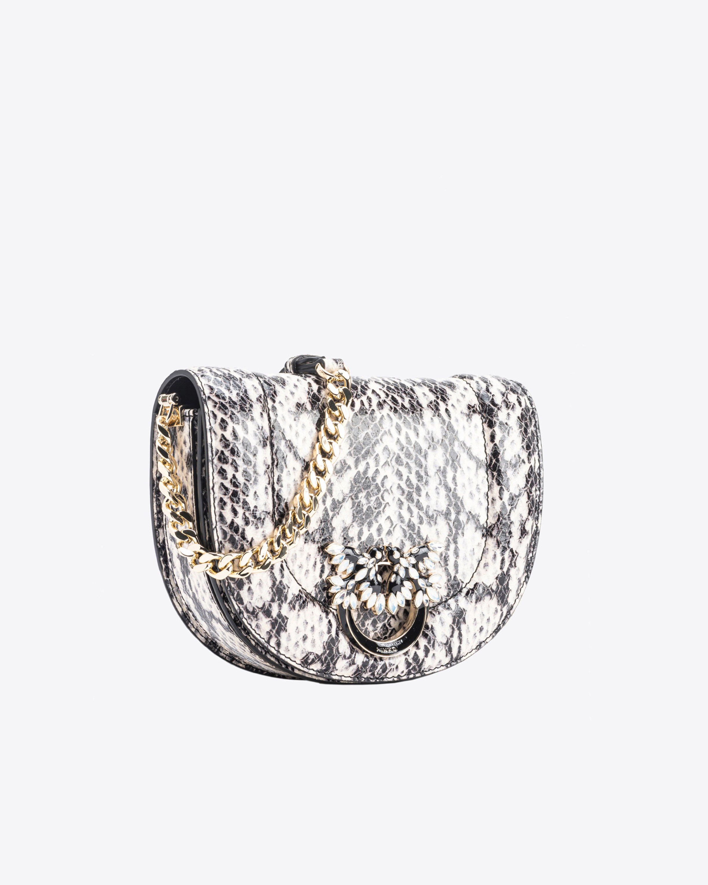 Pinko Galleria Mini Love Bag Click Round In Reptile-print Leather In Blanc/noir-or Clair