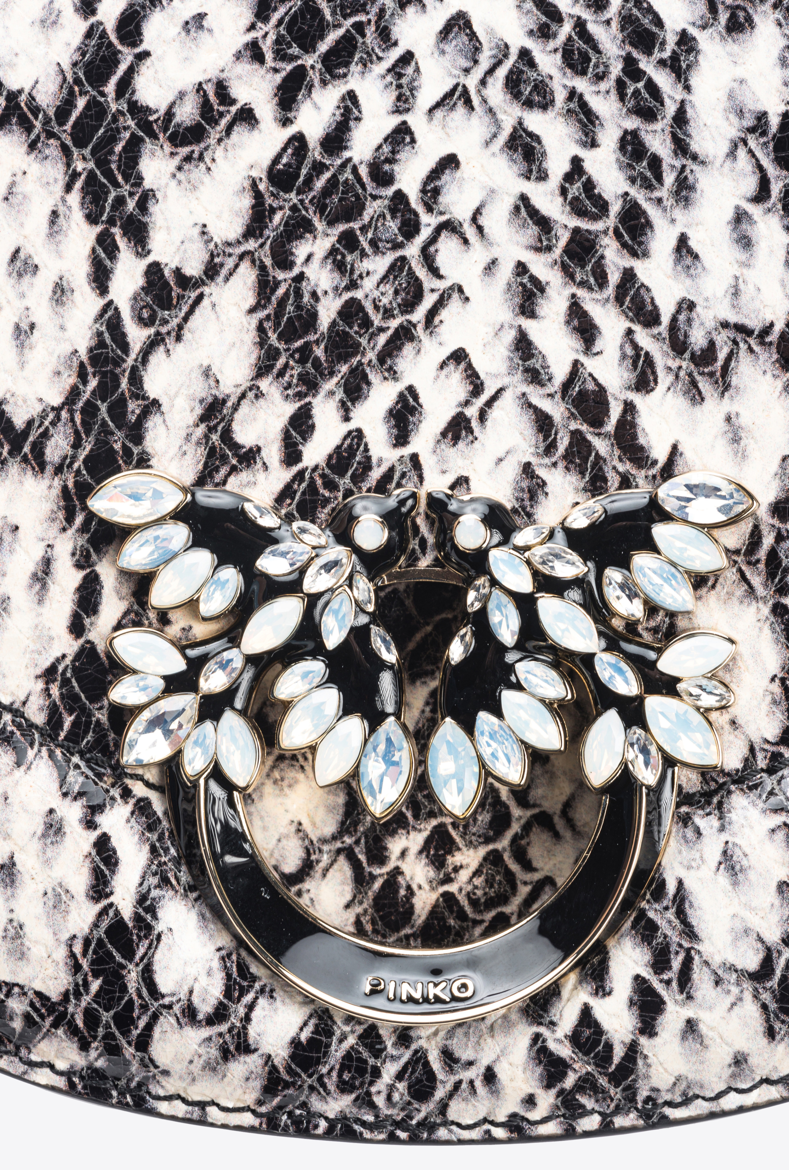 Pinko Galleria Mini Love Bag Click Round In Reptile-print Leather In Blanc/noir-or Clair