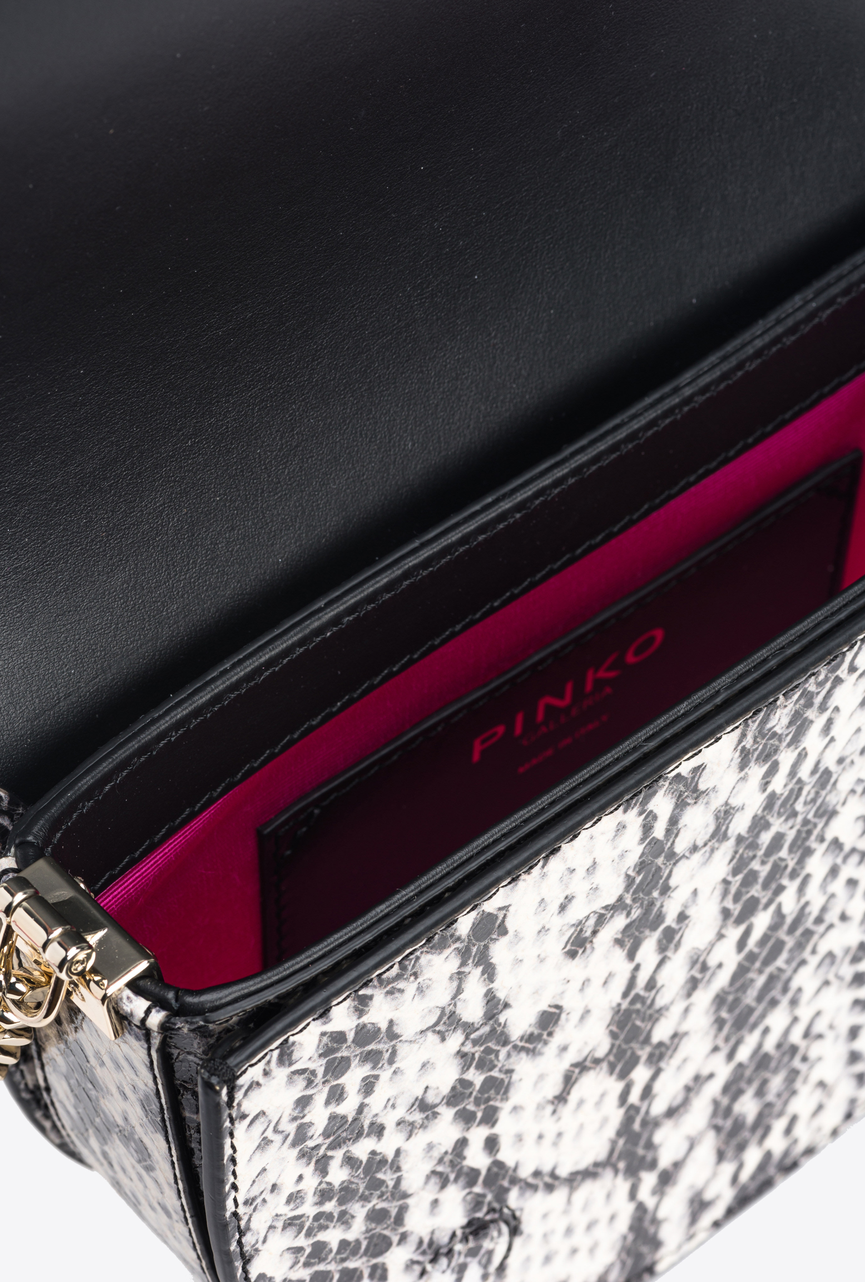 Pinko Galleria Mini Love Bag Click Round In Reptile-print Leather In Blanc/noir-or Clair